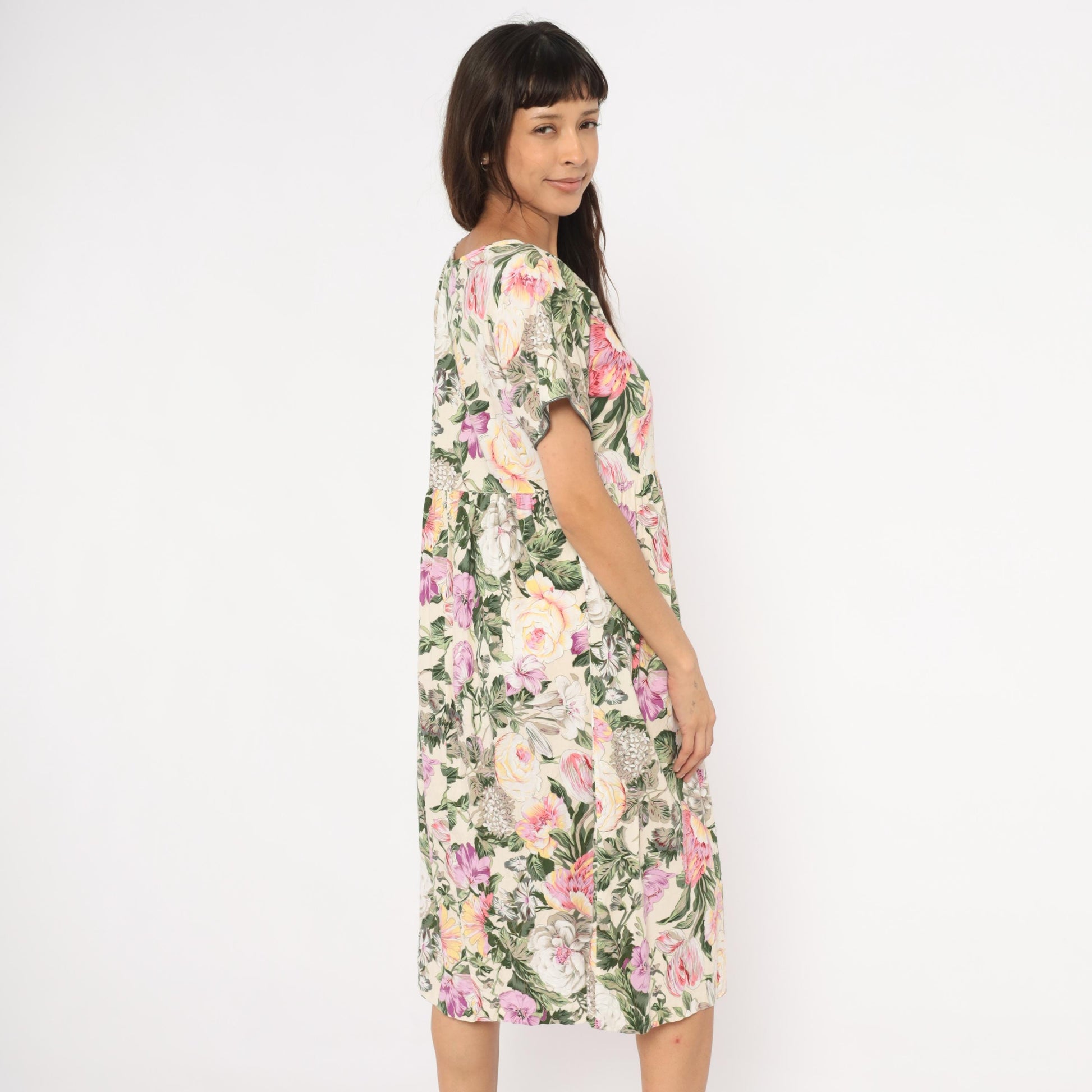 90s Day In Day Out Floral Midi Dress Cream Pink Garden Print Cotton Medium M