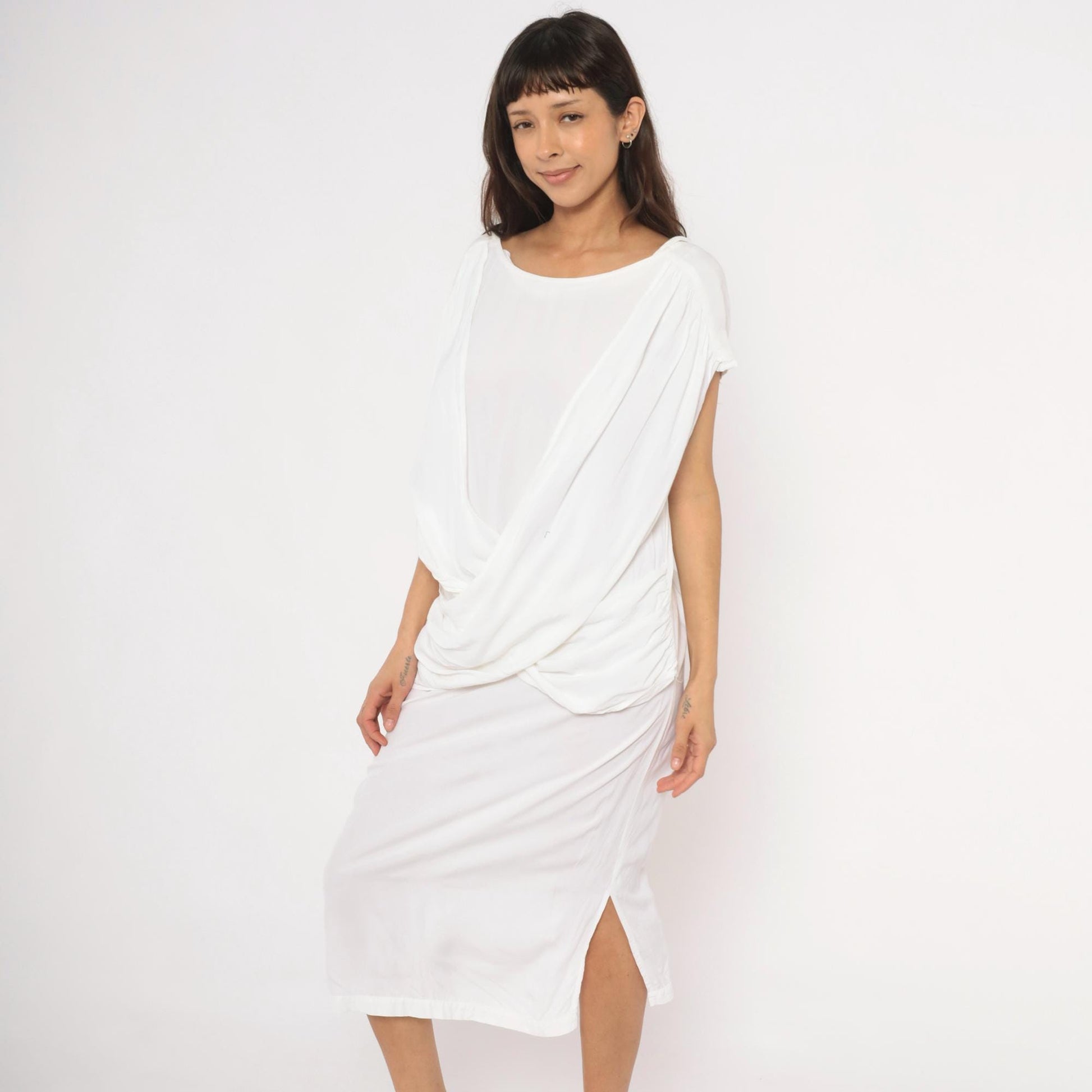 80s Police File White Grecian Midi Dress Cowl Drape Low Back Large L