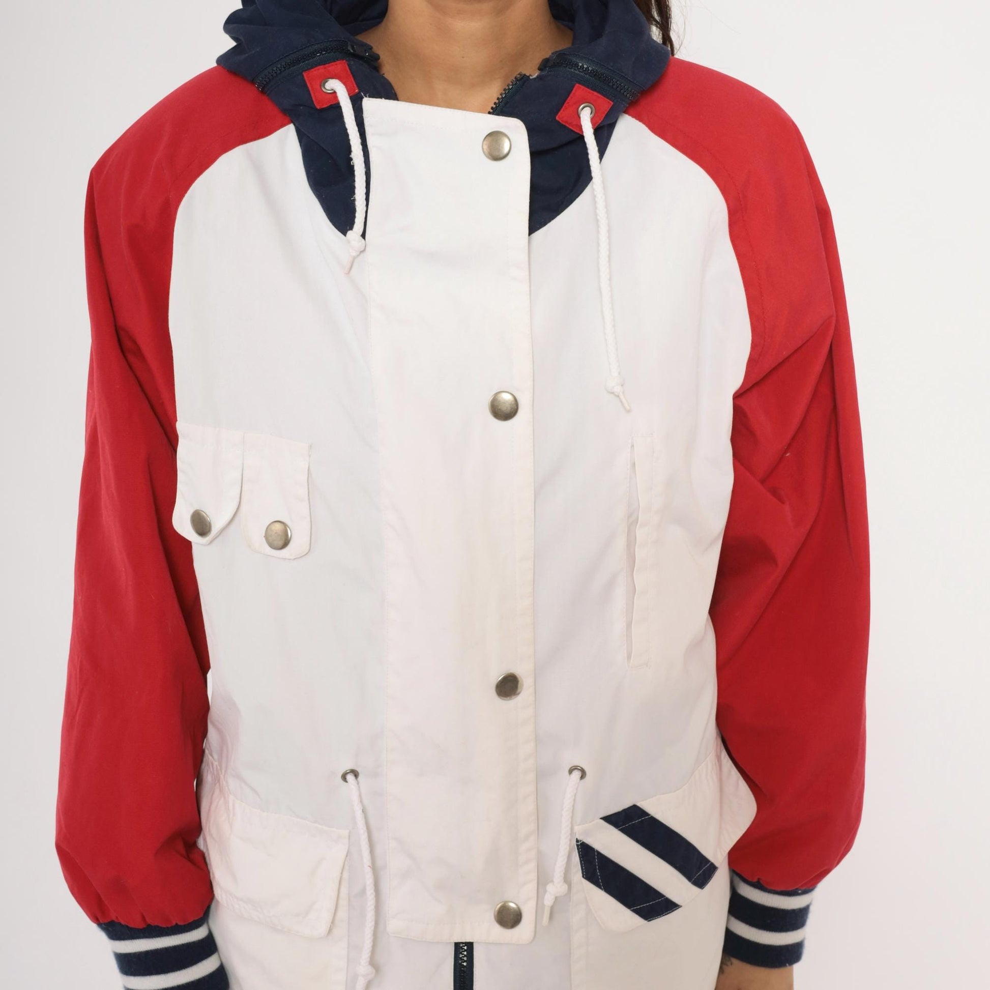 90s Mulberry Street Colorblock Windbreaker Hooded Snap Jacket White Red Navy Medium M