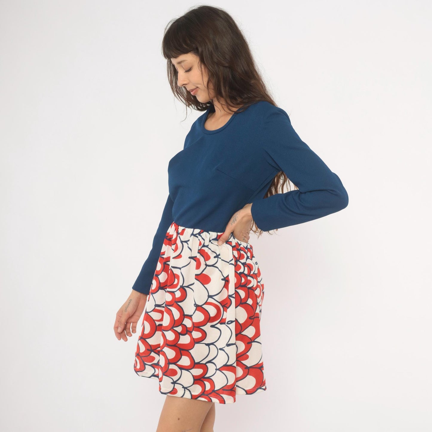 70s Mod Colorblock Dress Navy Scallop Print Long Sleeve Knee Length Medium M