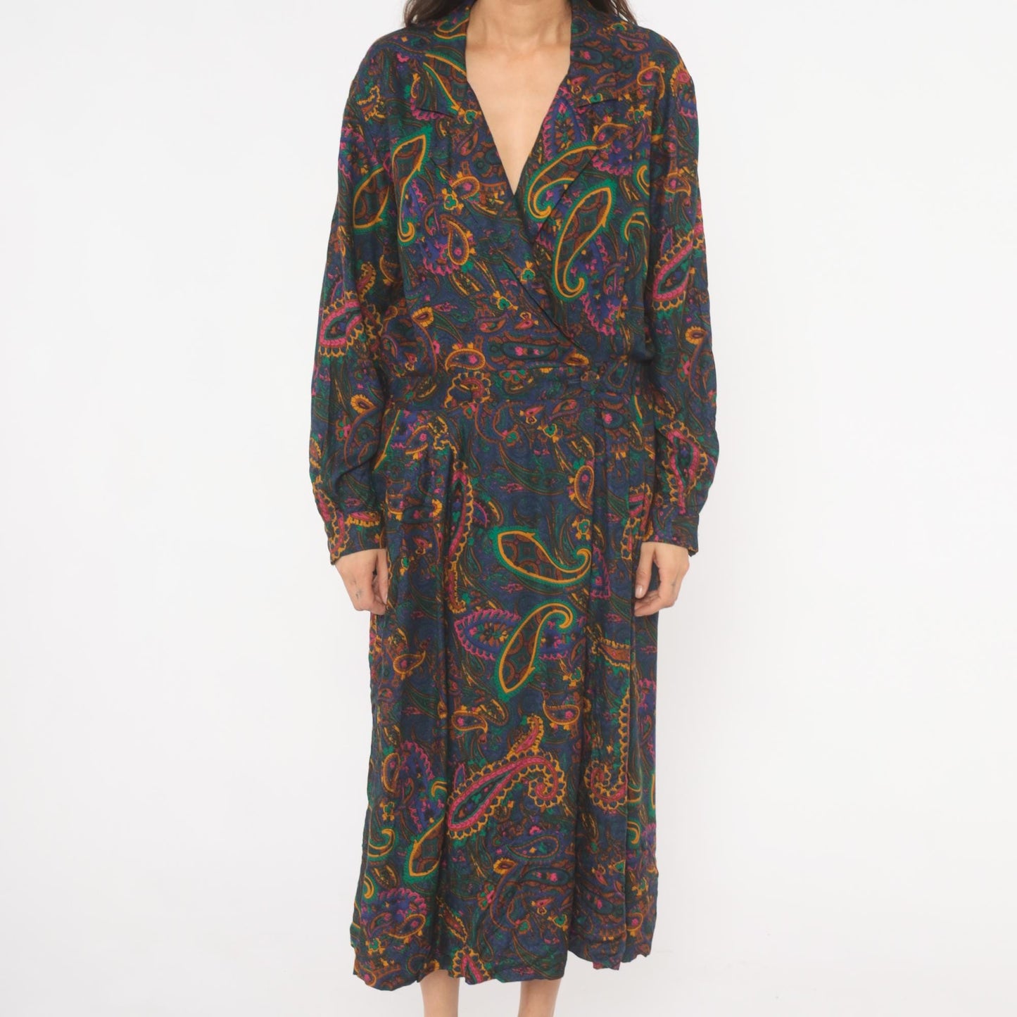 90s Tanner Paisley Midi Dress Navy Teal Pink Gold Long Sleeve Large L