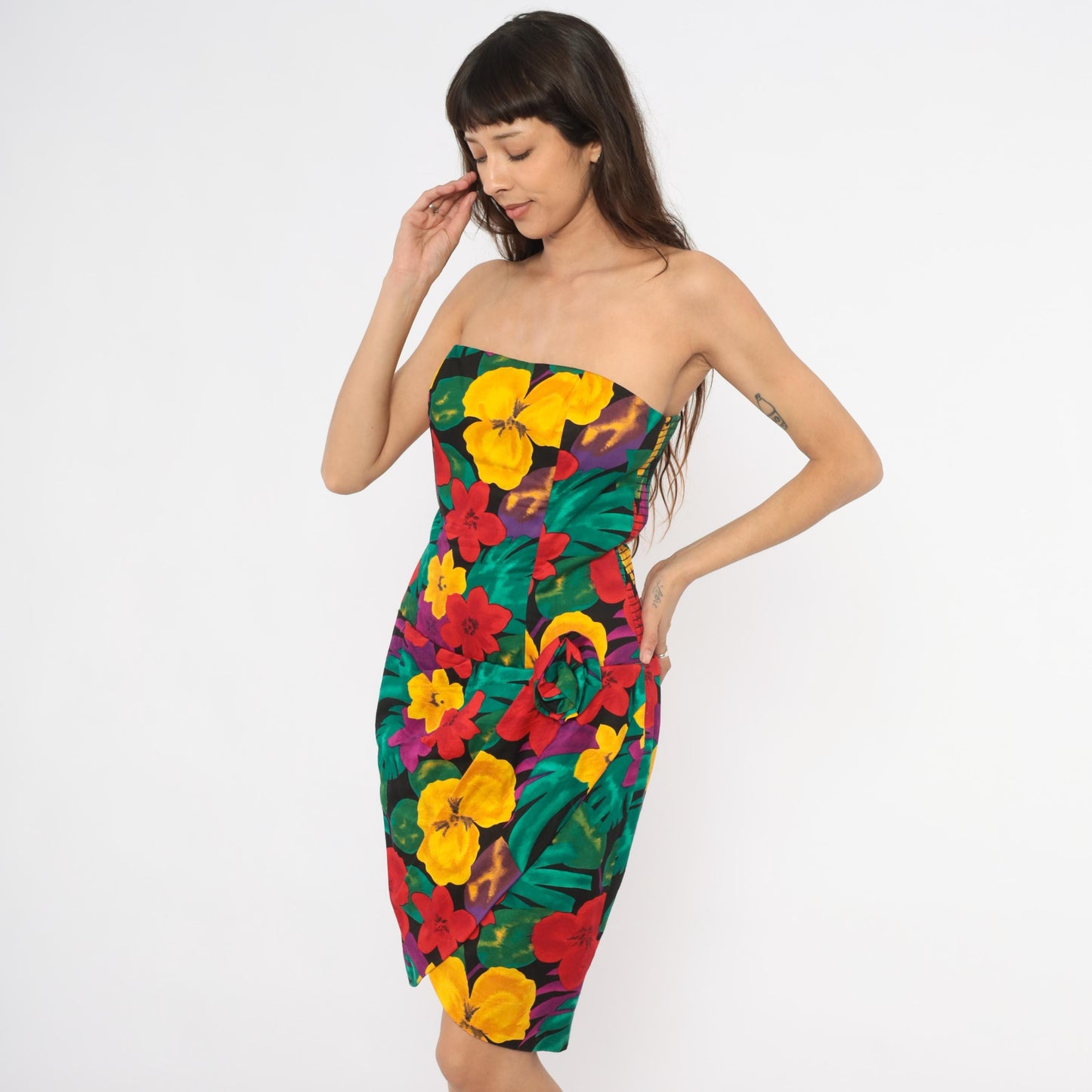 90s Positively Ellyn Tropical Floral Strapless Dress Knee-Length Wrap Skirt Large