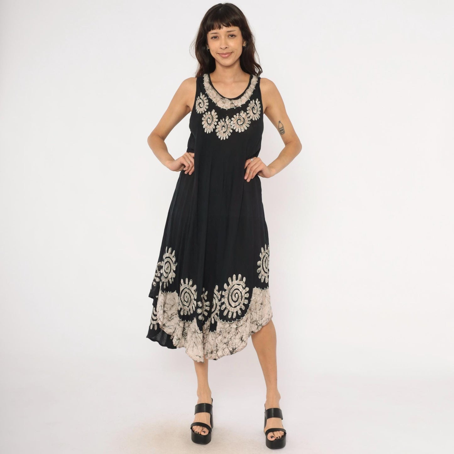 90s Black Batik Maxi Dress Cream Spiral Embroidered Trapeze Tank Medium