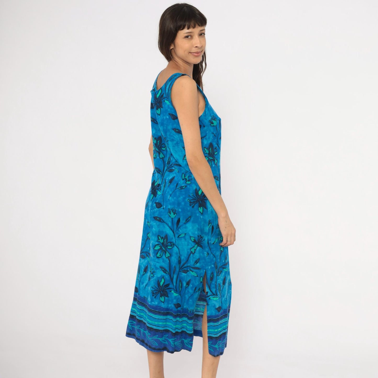 90s Worthington Blue Batik Floral Maxi Dress Tank Sleeveless Teal Navy Medium