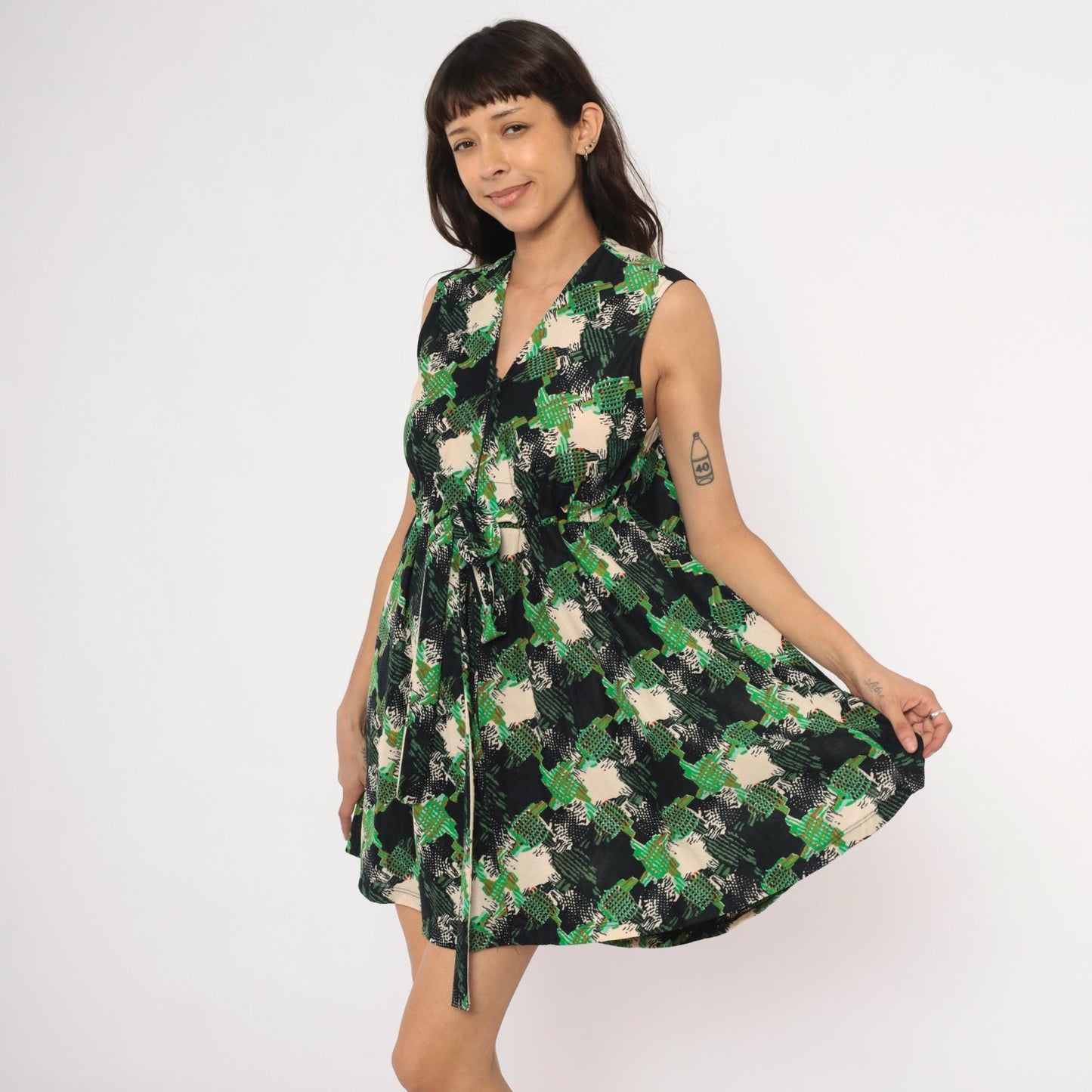 70s Psychedelic Abstract Mini Dress Green Black Cream V-Neck Sleeveless Small