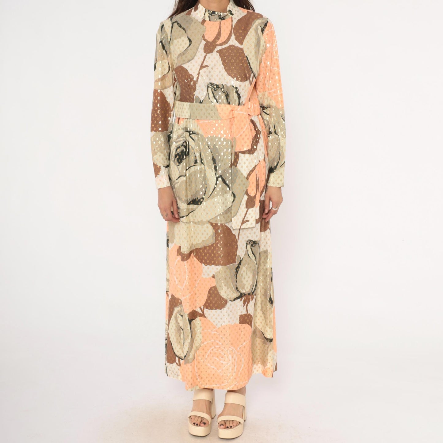 70s Rose Print Maxi Dress Gold Metallic Dots Long Sleeve Peach Taupe Chiffon Medium
