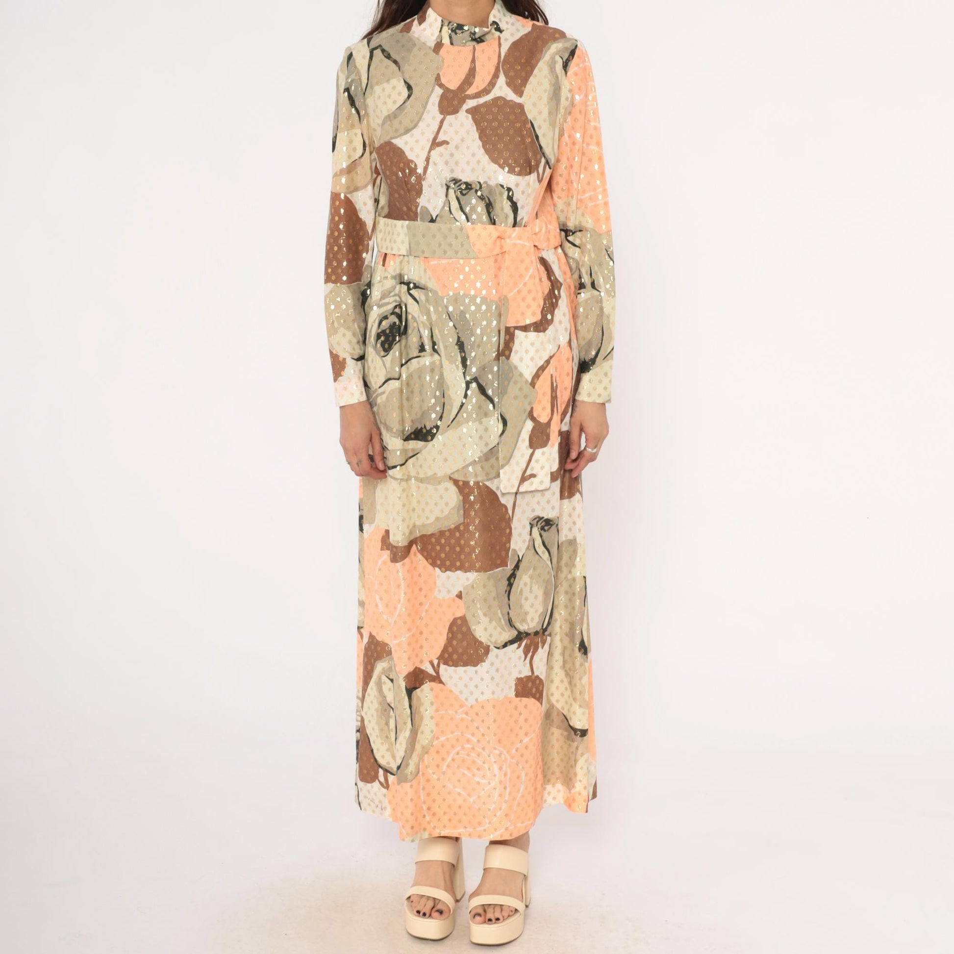 70s Rose Print Maxi Dress Gold Metallic Dots Long Sleeve Peach Taupe Chiffon Medium