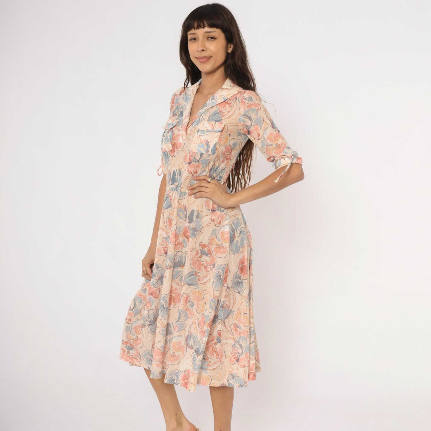80s Watercolor Floral Midi Dress Notched Collar Tie Sleeve Cream Blush Small