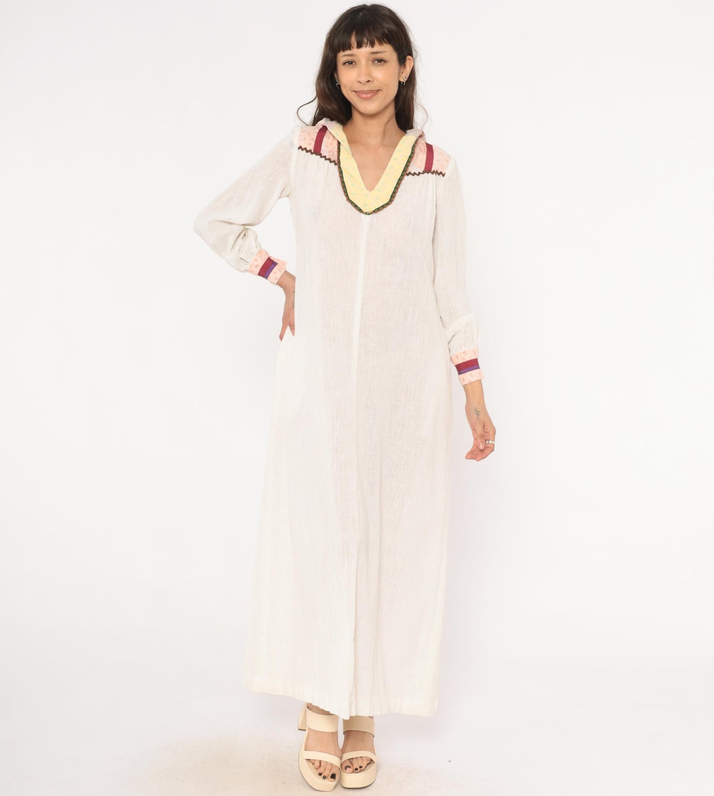 70s Patchwork Hood Maxi Dress White Linen V Neck Bishop Sleeve Small