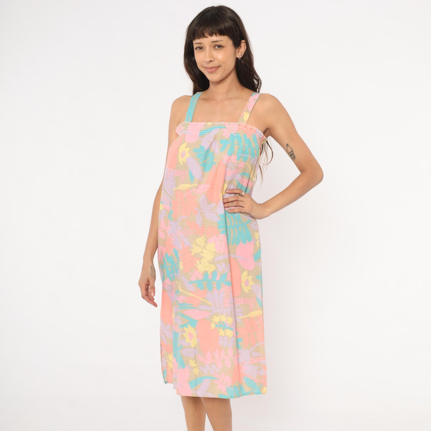 80s Tropical Floral Giraffe Sundress Pastel Coral Lavender Shift Small M