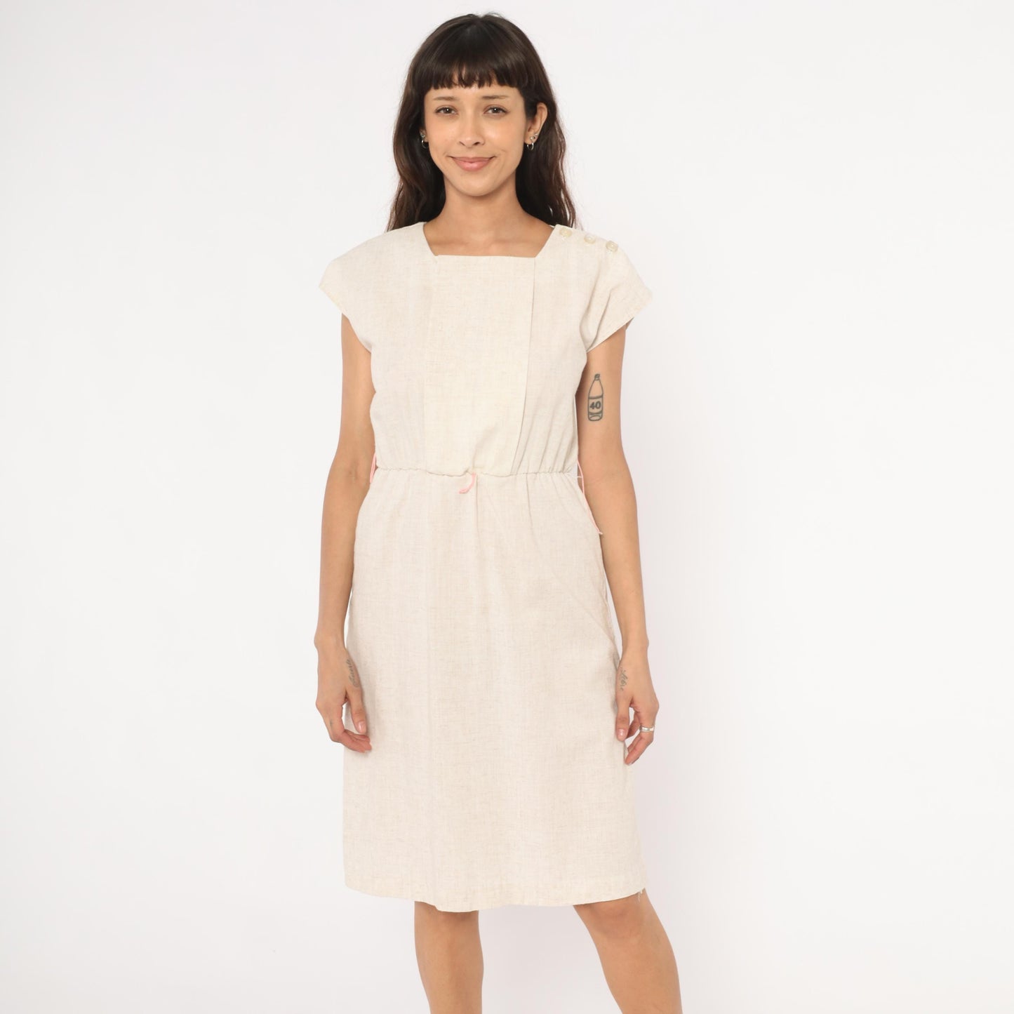 80s Oatmeal Linen Sheath Dress Square Neck Cap Sleeve Knee Length Small