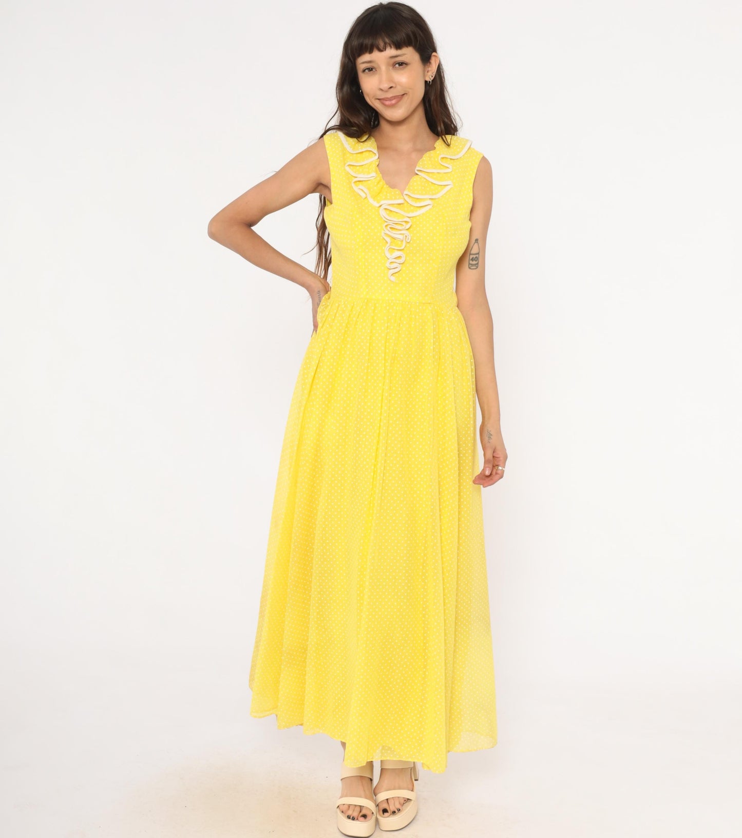70s Miss Elliette Yellow Polka Dot Maxi Dress Ruffled V-Neck Medium M