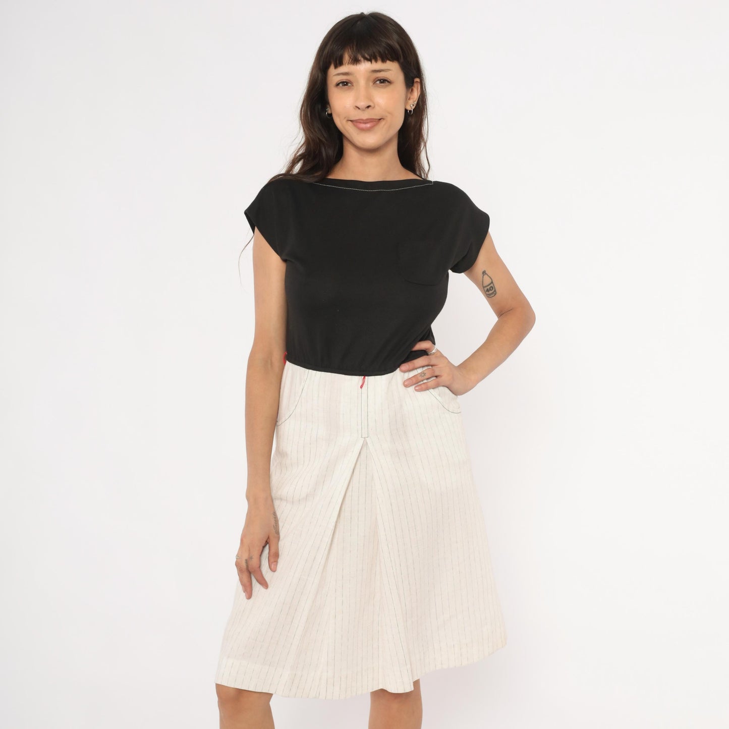 80s Melissa Petites Pinstripe Linen Knee-Length Skirt Cream Small S