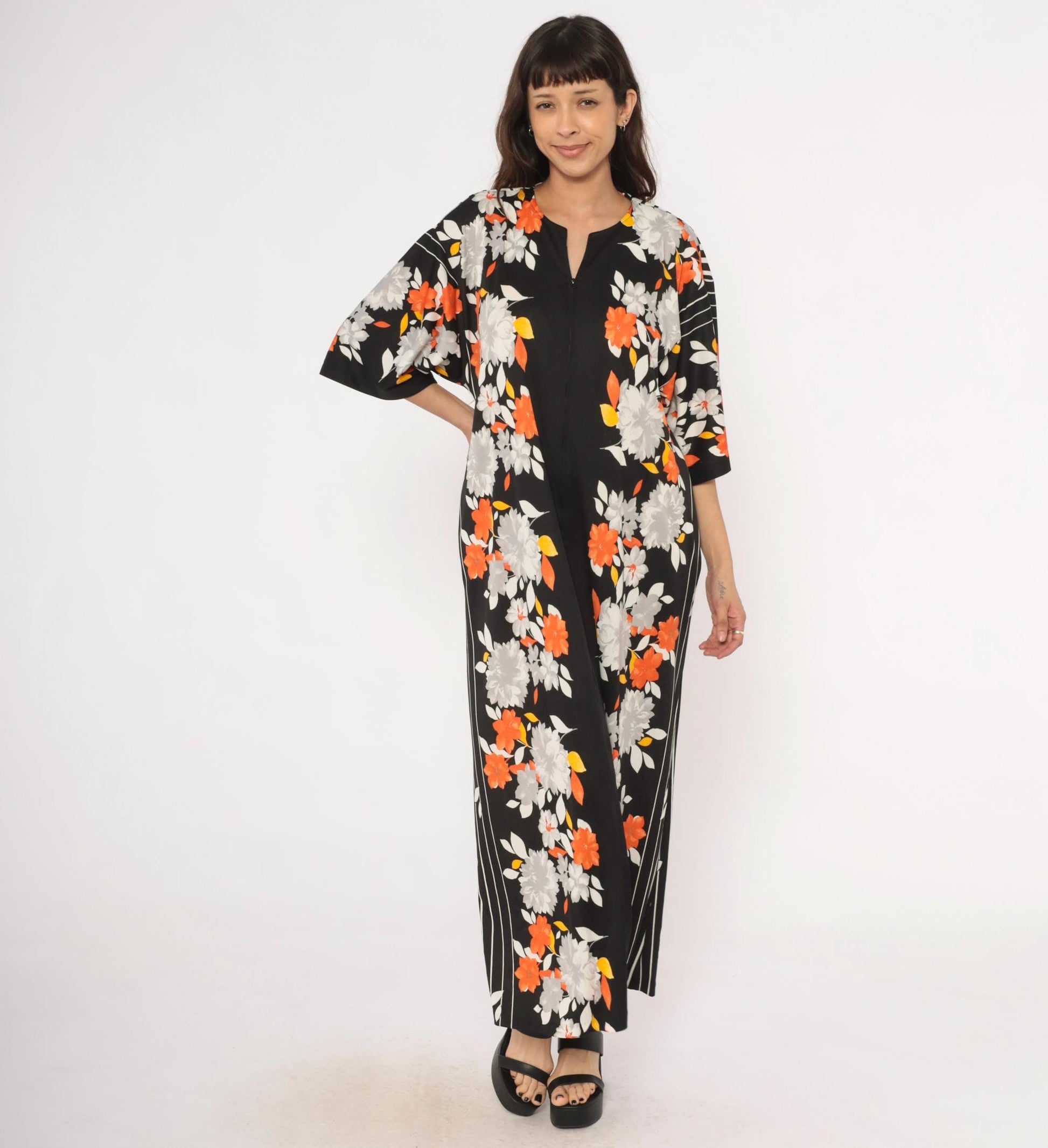 70s Miss Tique California Floral Kaftan Maxi Dress Black Orange Medium M