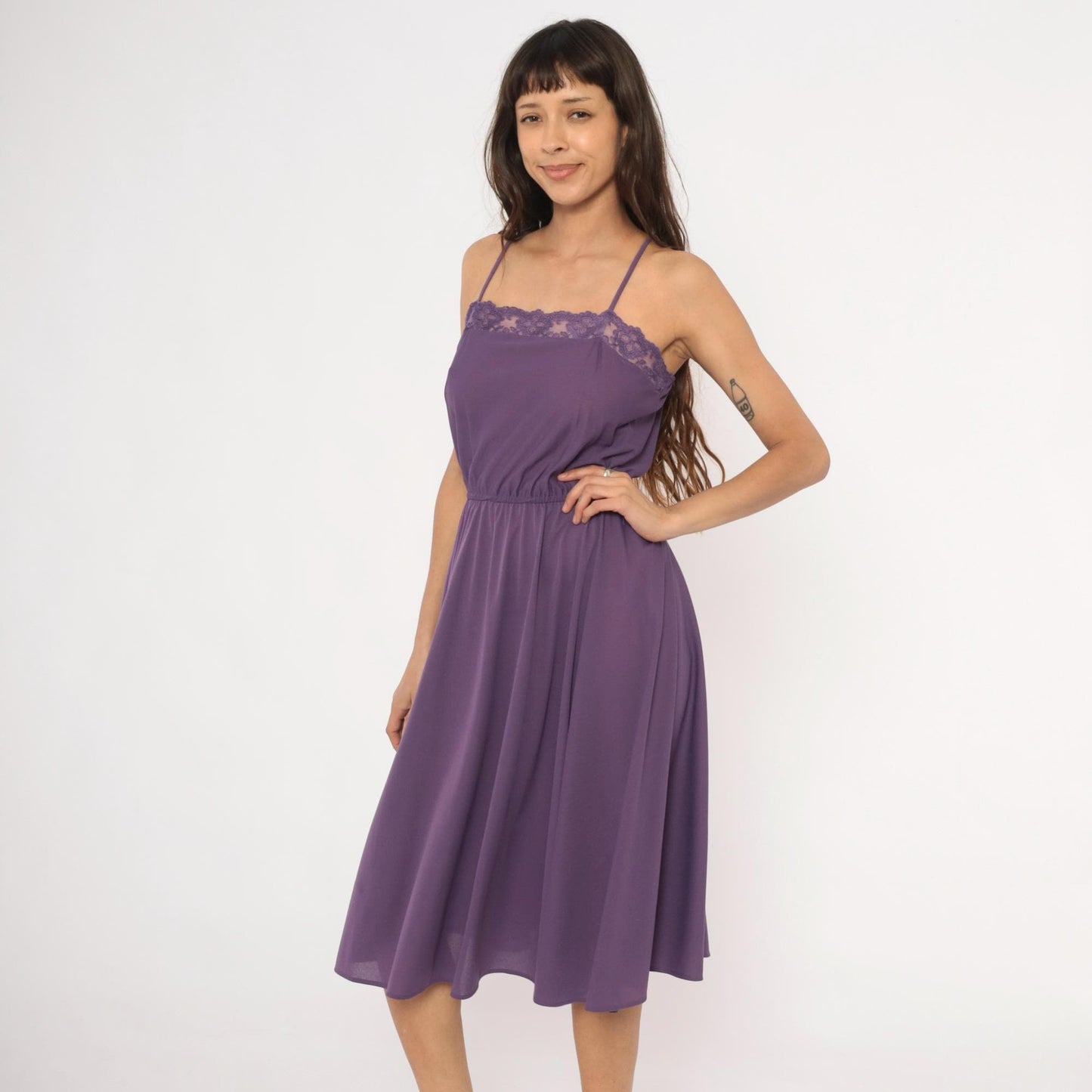 70s Purple Spaghetti Strap Dress Lace Trim Knee Length A-Line Small
