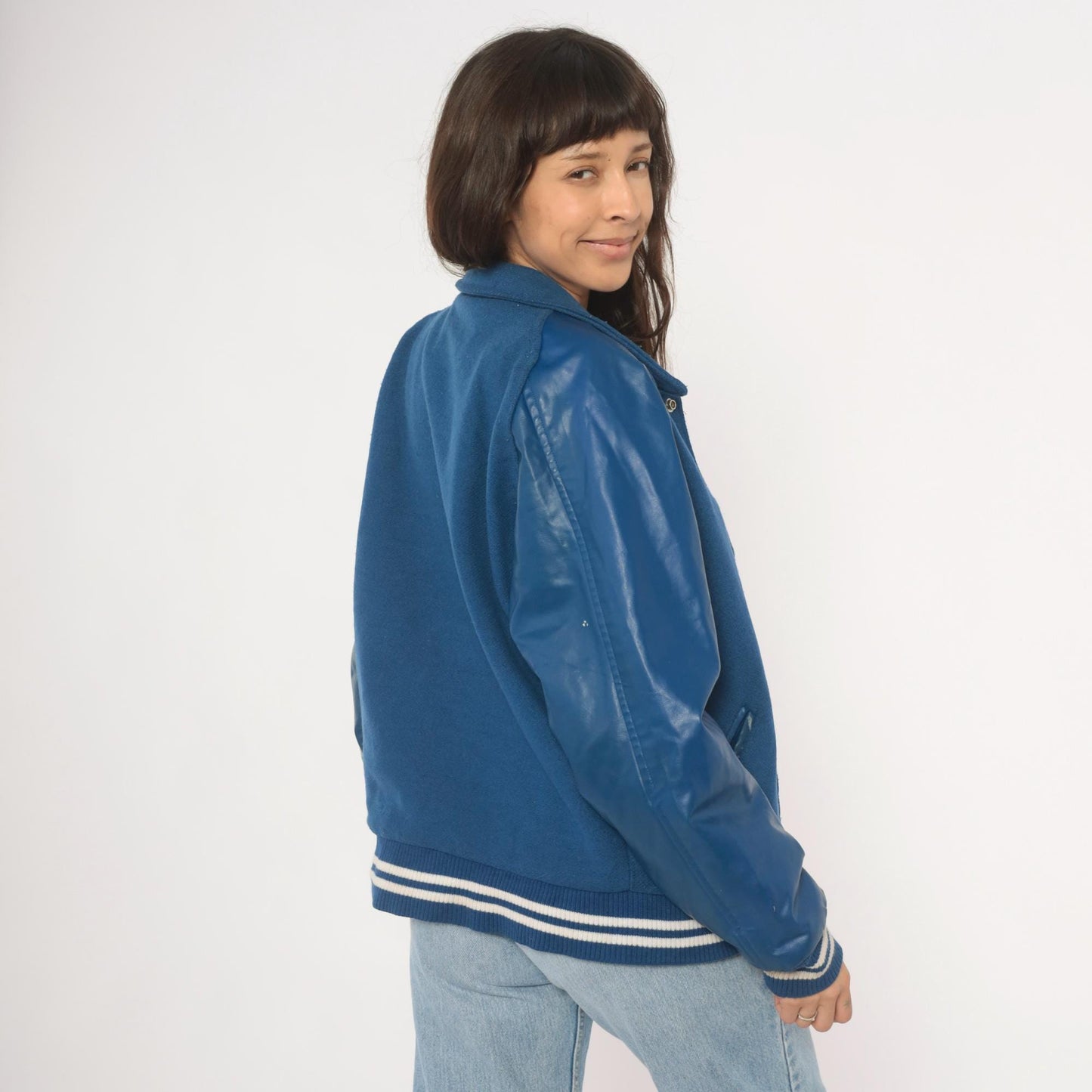 90s Reebok Varsity Jacket Wool Leather Letterman Blue Navy White Medium M