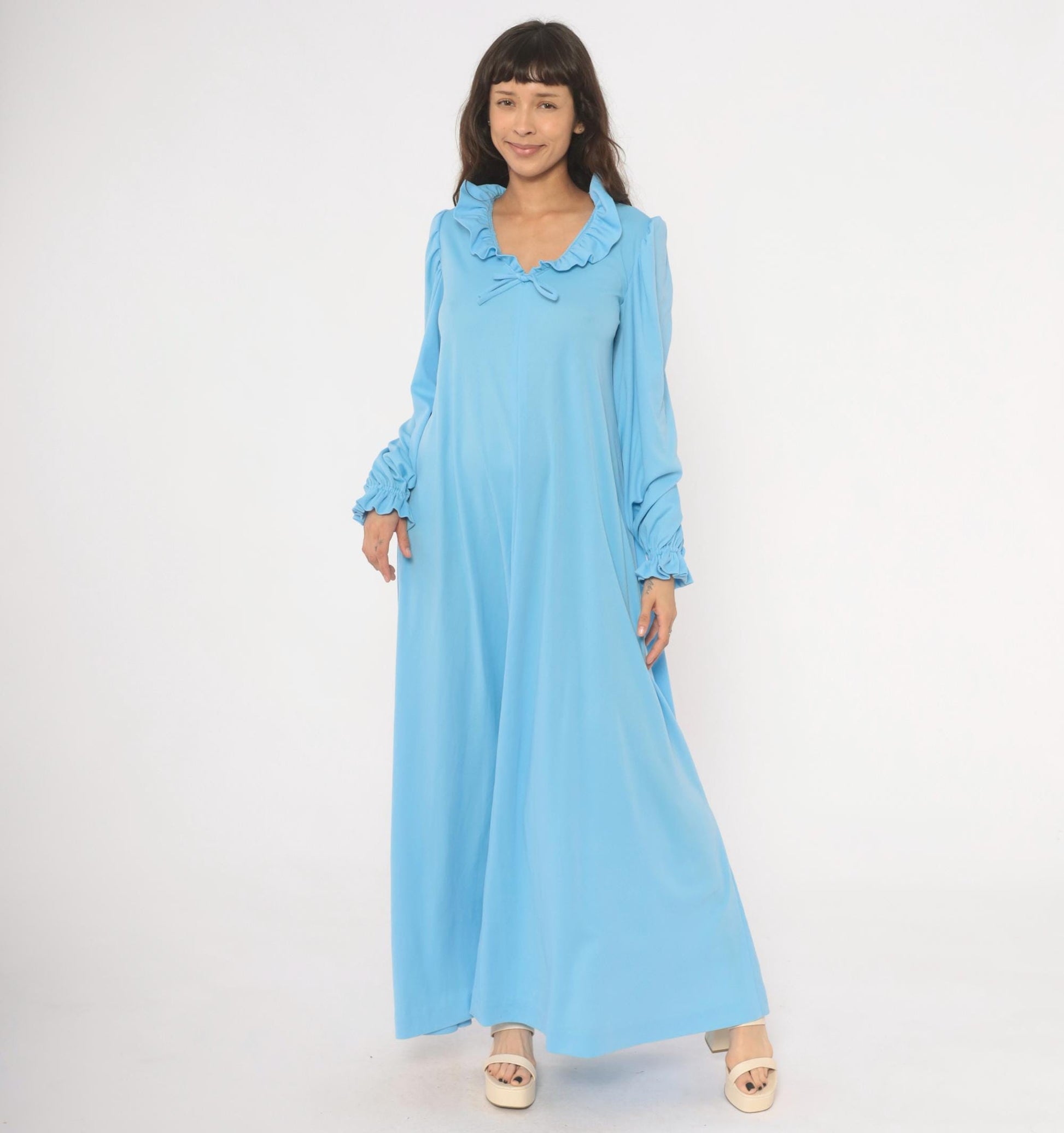 70s Sky Blue Maxi Dress Ruffle Collar Puff Sleeve A-Line Large L