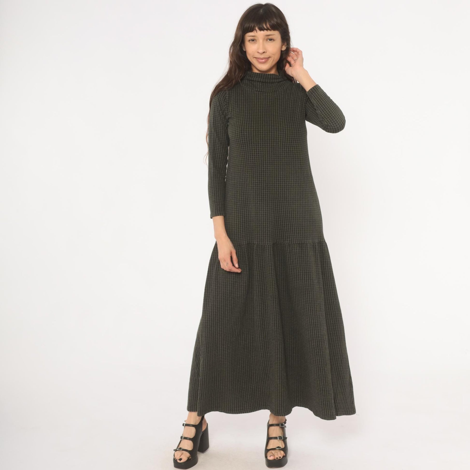 90s JP Houndstooth Maxi Dress Olive Black Funnel Neck Drop Waist Medium M