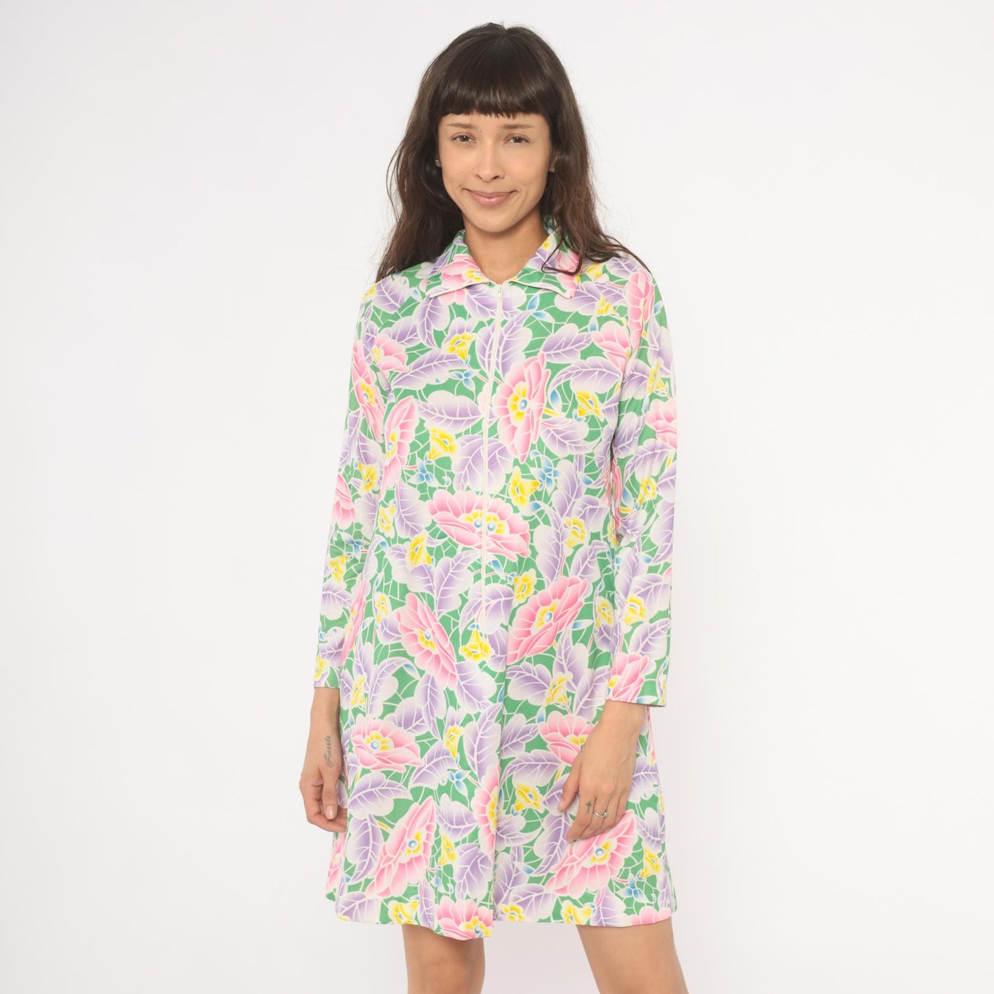 70s Travel Lite Floral Shift Dress Pink Lavender Green Knee-Length Small S