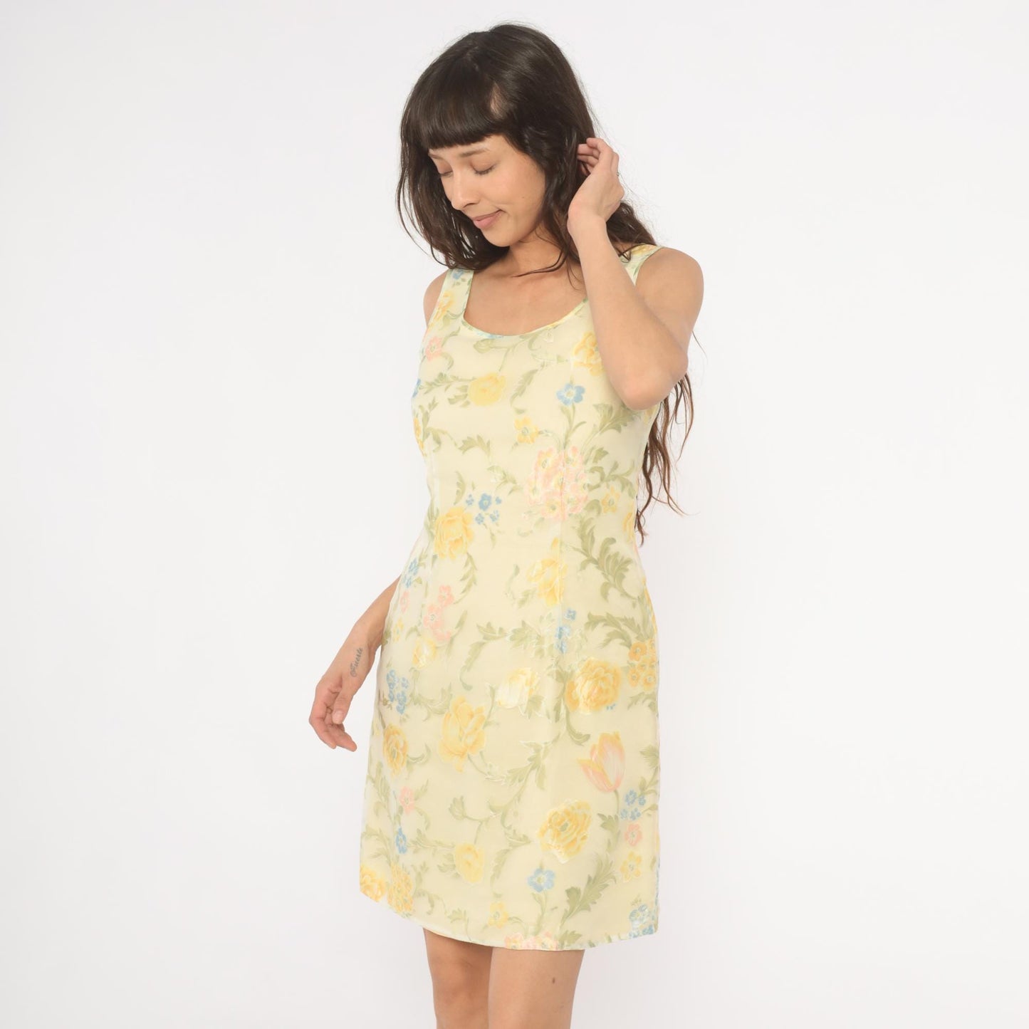 90s Ann Taylor Floral Shift Dress Yellow Scoop Neck Sleeveless Knee Small