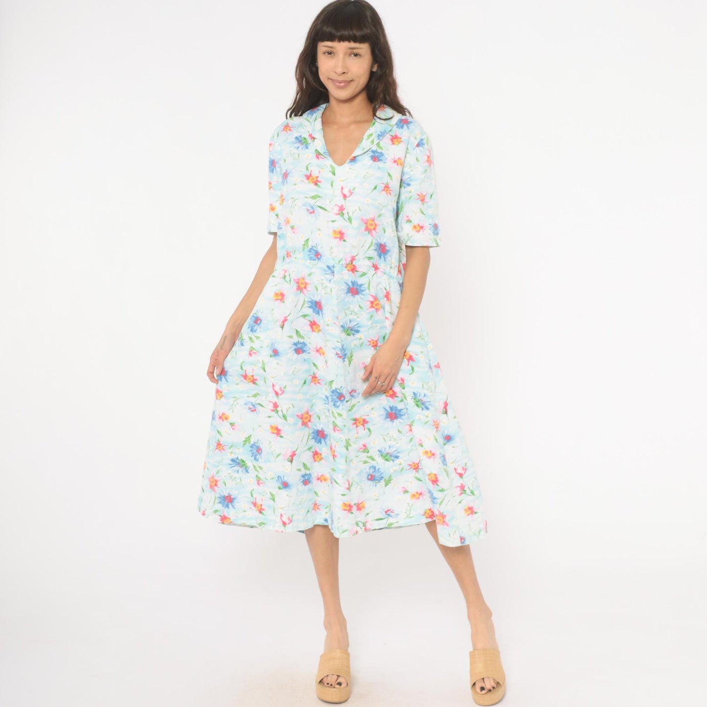 90s Light Blue Wildflower Cotton Midi Dress Pink Floral Gathered Waist Large L