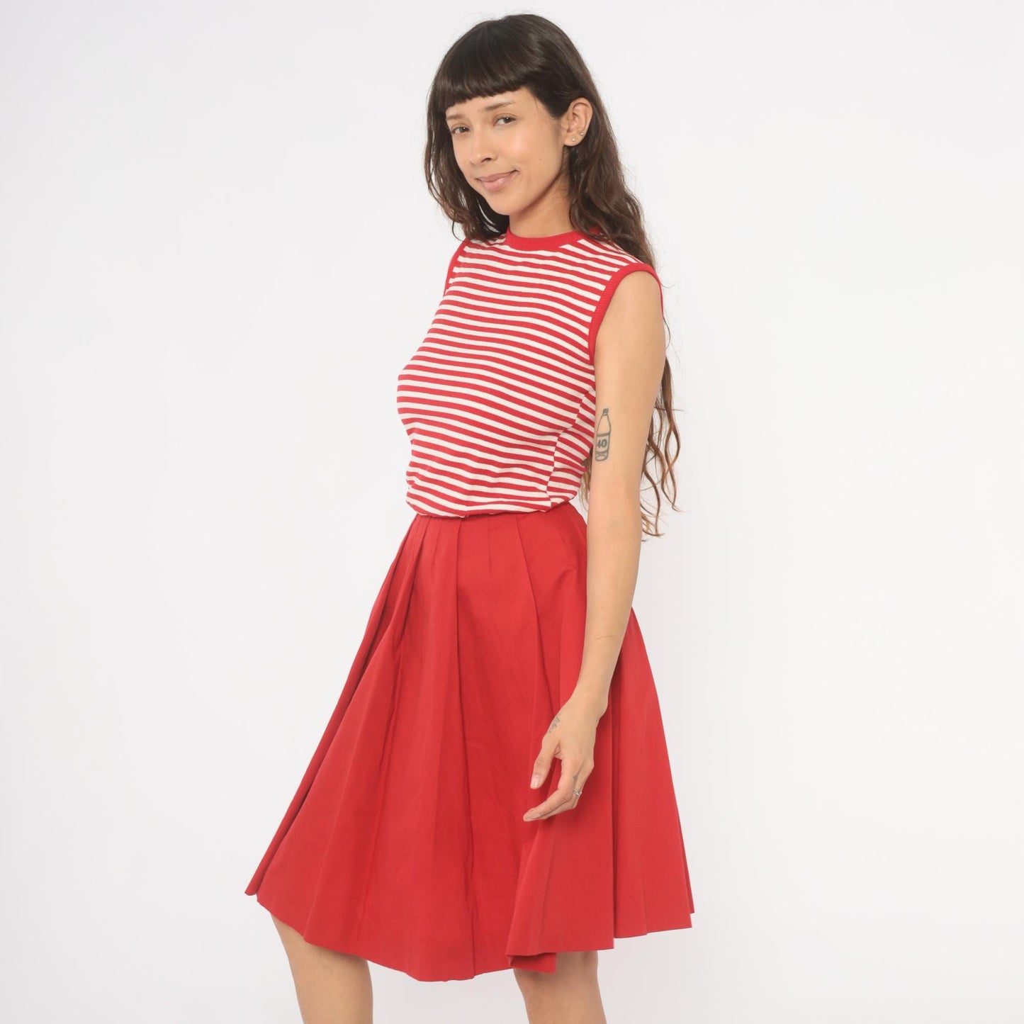 70s Country Set Red White Striped Sleeveless Dress Pleated Skirt Extra Small XS