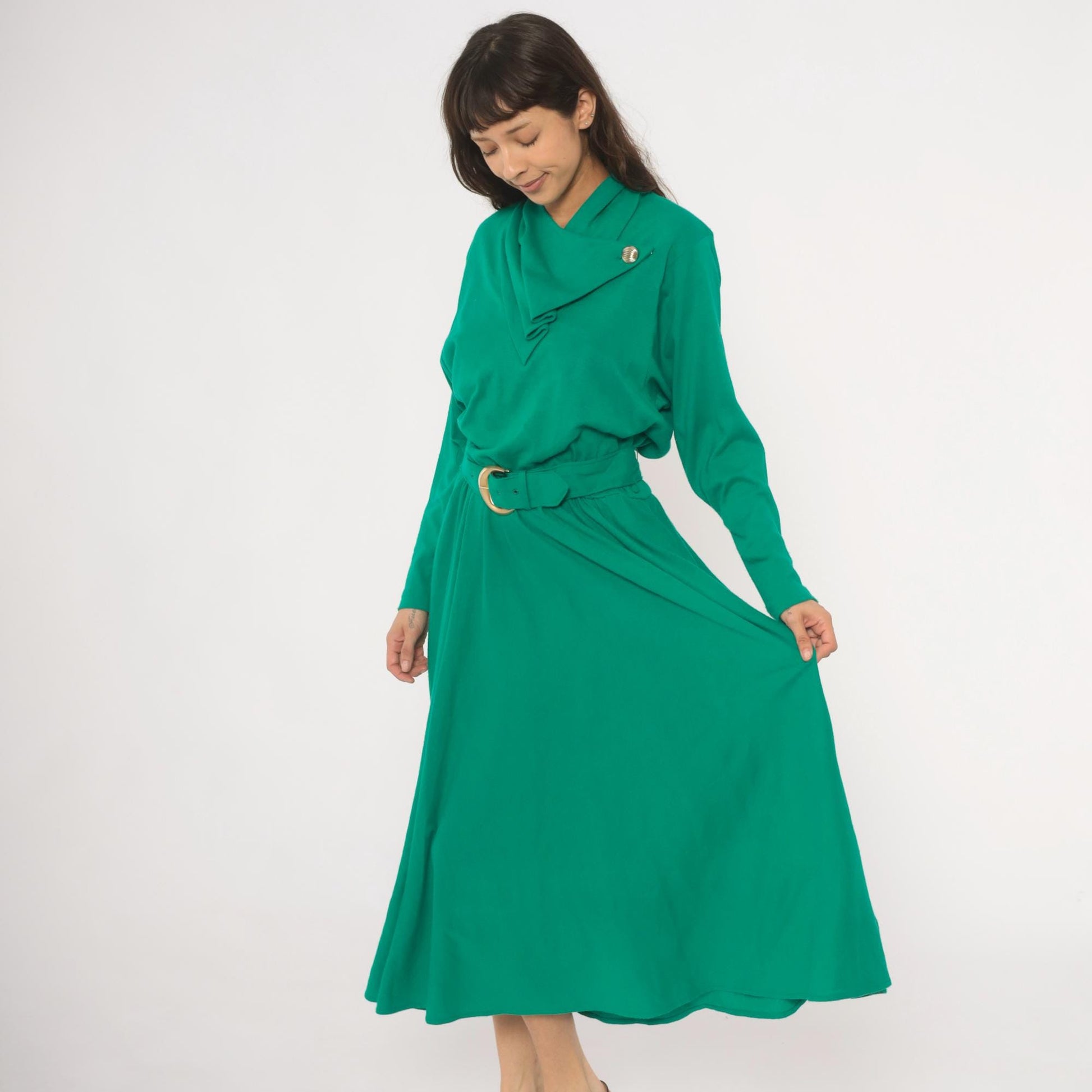 80s Positive Attitude Emerald Midi Dress Gold Buckle Belt Long Sleeve Large L