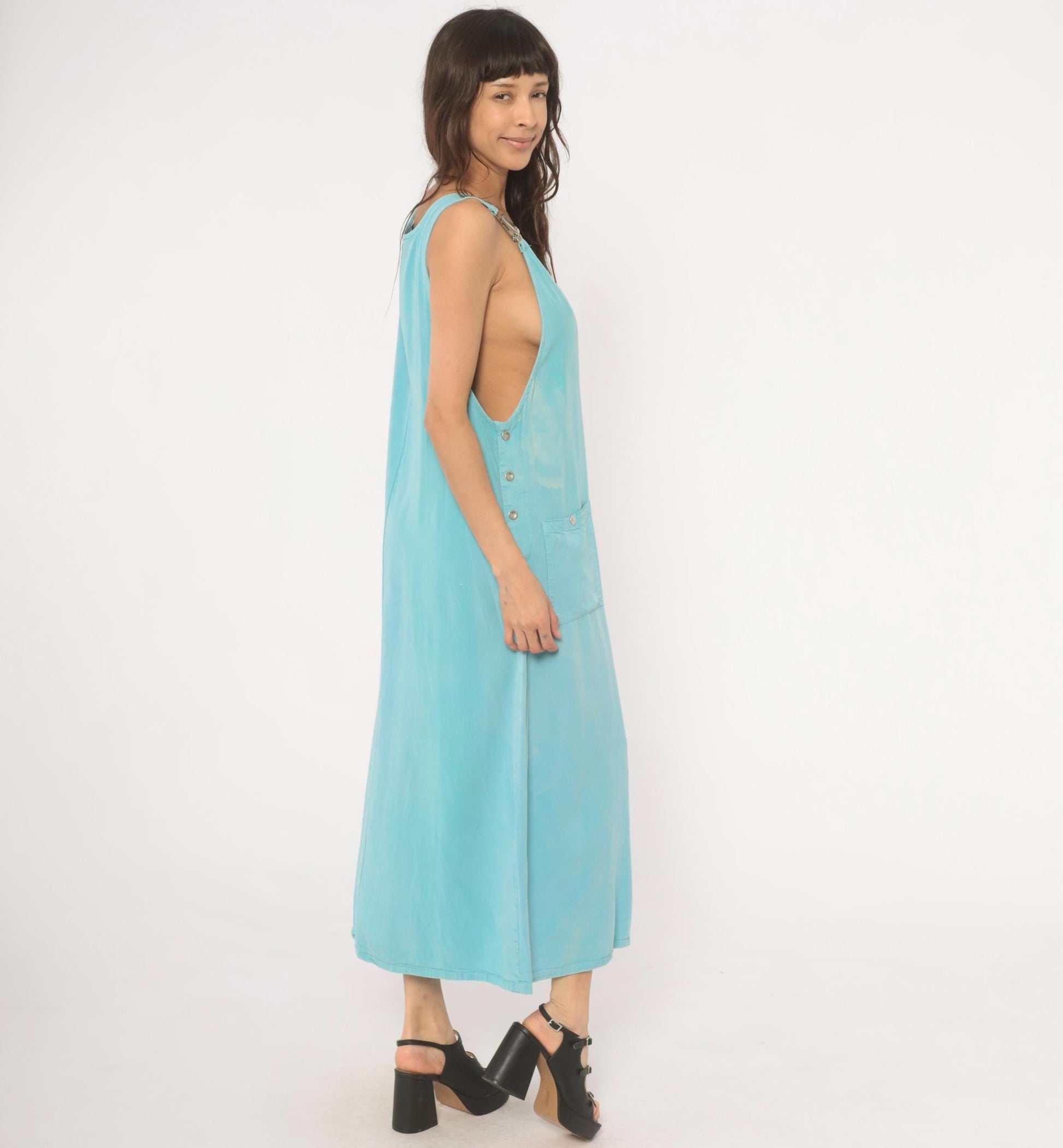 90s Froxx Sky Blue Maxi Overall Dress Sleeveless Pinafore Large L