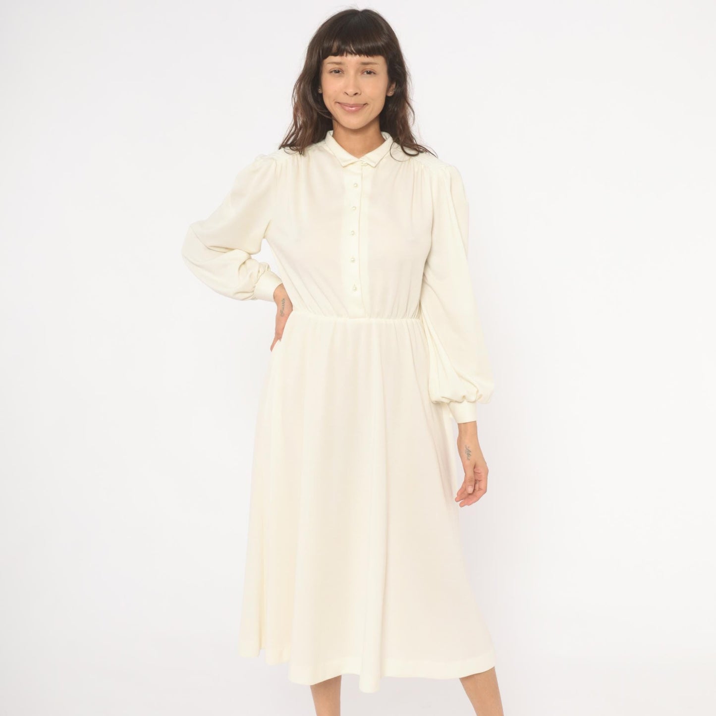 80s Sunshine Starshine Cream Puff Sleeve Midi Dress Pearl Buttons Wool Large L