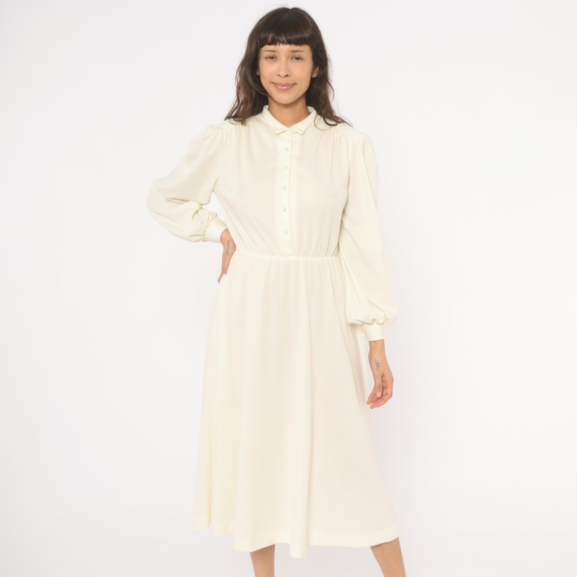 80s Sunshine Starshine Cream Puff Sleeve Midi Dress Pearl Buttons Wool Large L