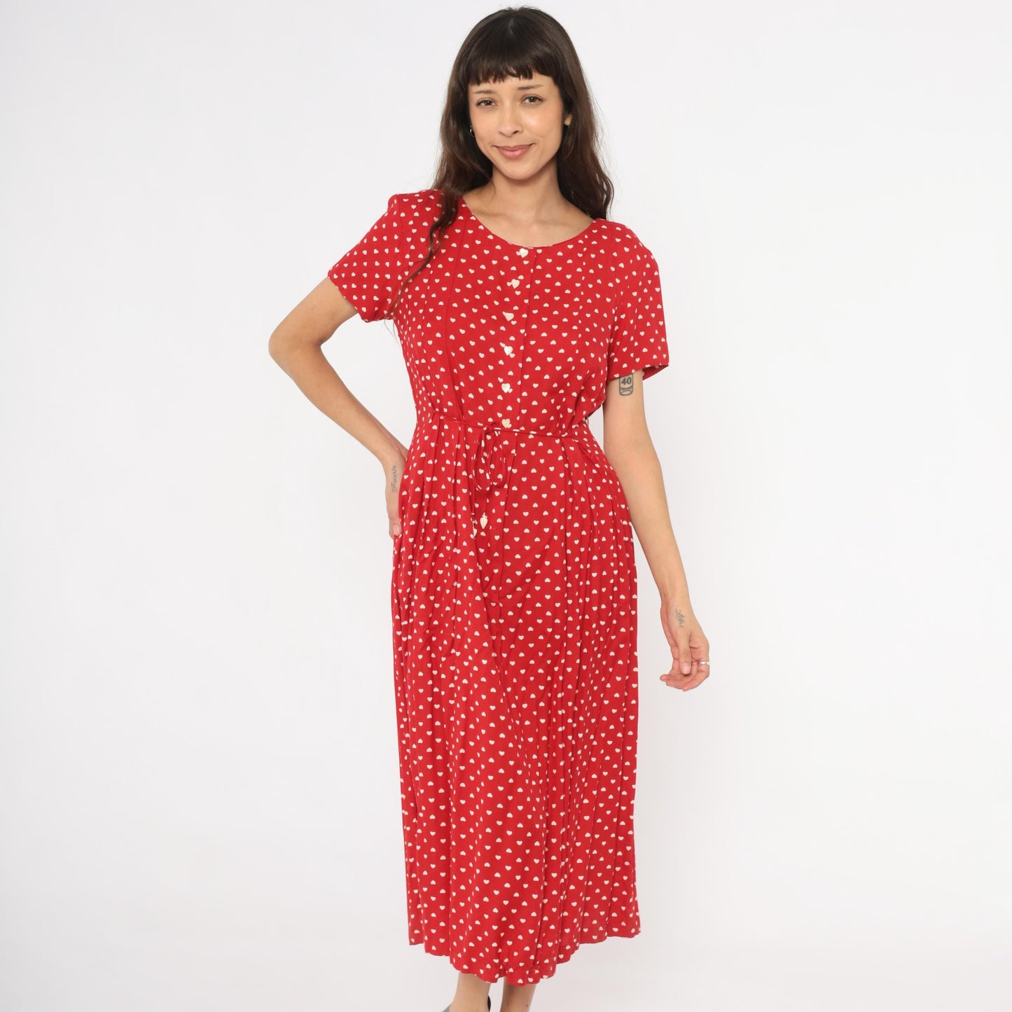 80s Sarah Elizabeth Red Heart Print Midi Dress Button Front Scoop Neck Medium M