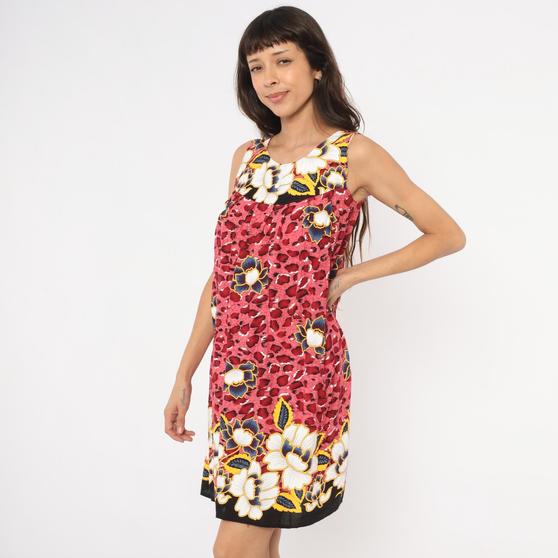 2000s Pink Leopard Floral Shift Dress Knee-Length Scoop Neck Tank Extra Small XS