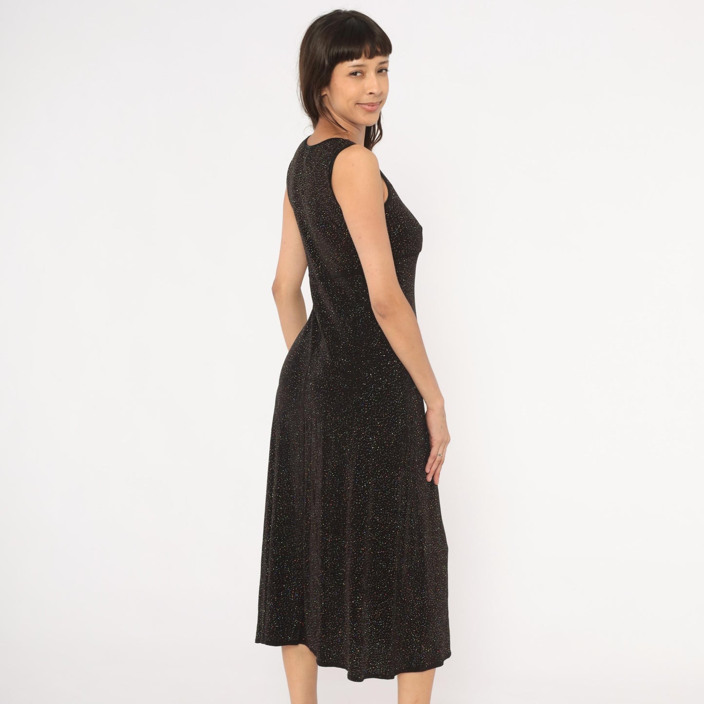 90s Rabbit Designs Black Glitter Maxi Dress Scoop Neck Empire Waist Medium M