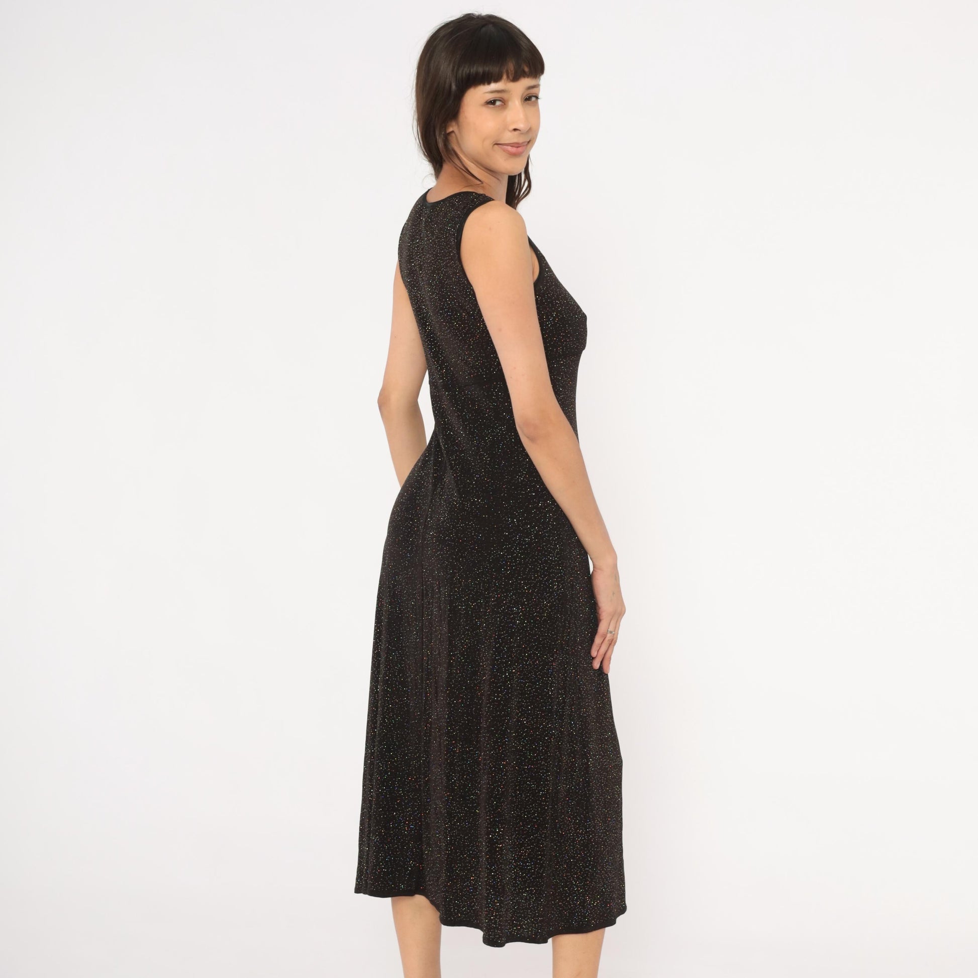 90s Rabbit Designs Black Glitter Maxi Dress Scoop Neck Empire Waist Medium M