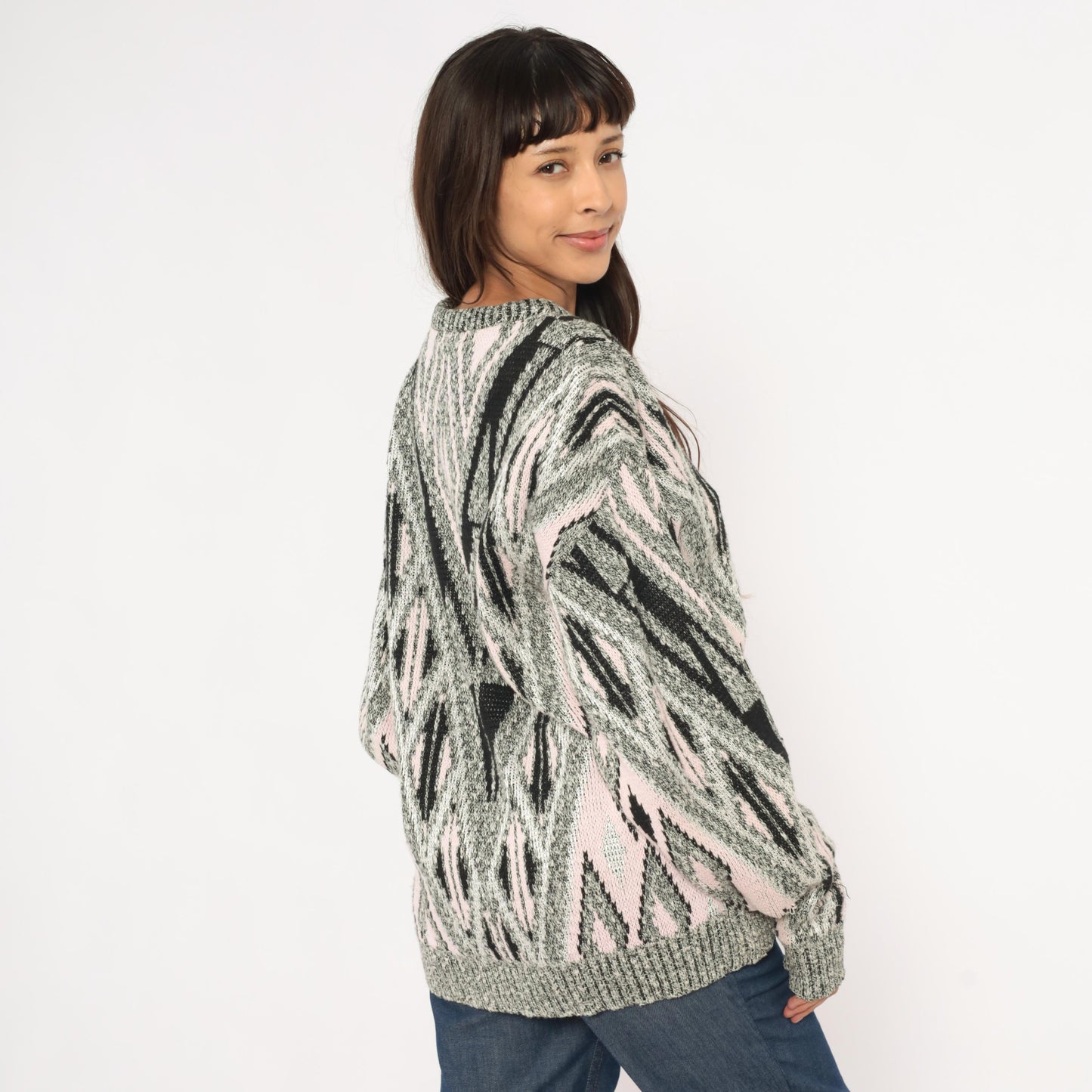 80s Elis Island Geometric Knit Sweater Grey Diamond Chevron Medium