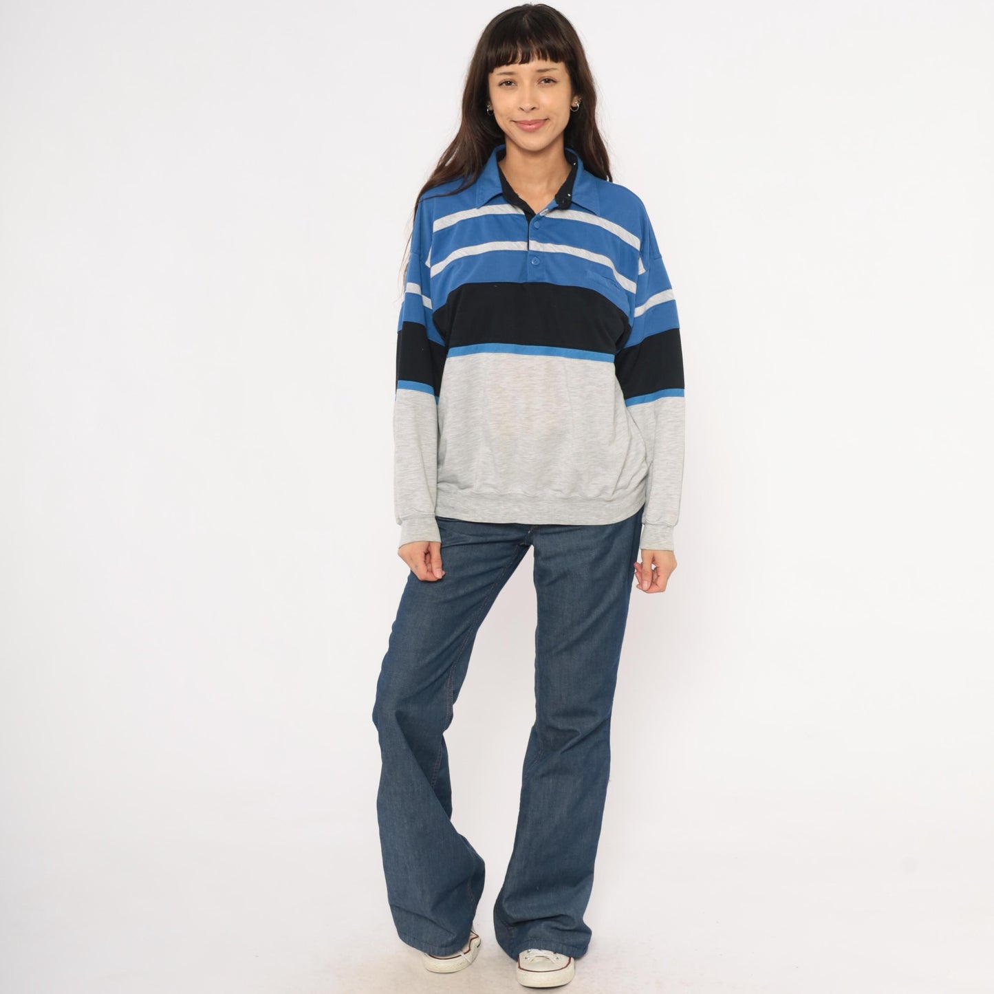80s Knightsbridge Color Block Polo Sweatshirt Blue Striped Grey Small
