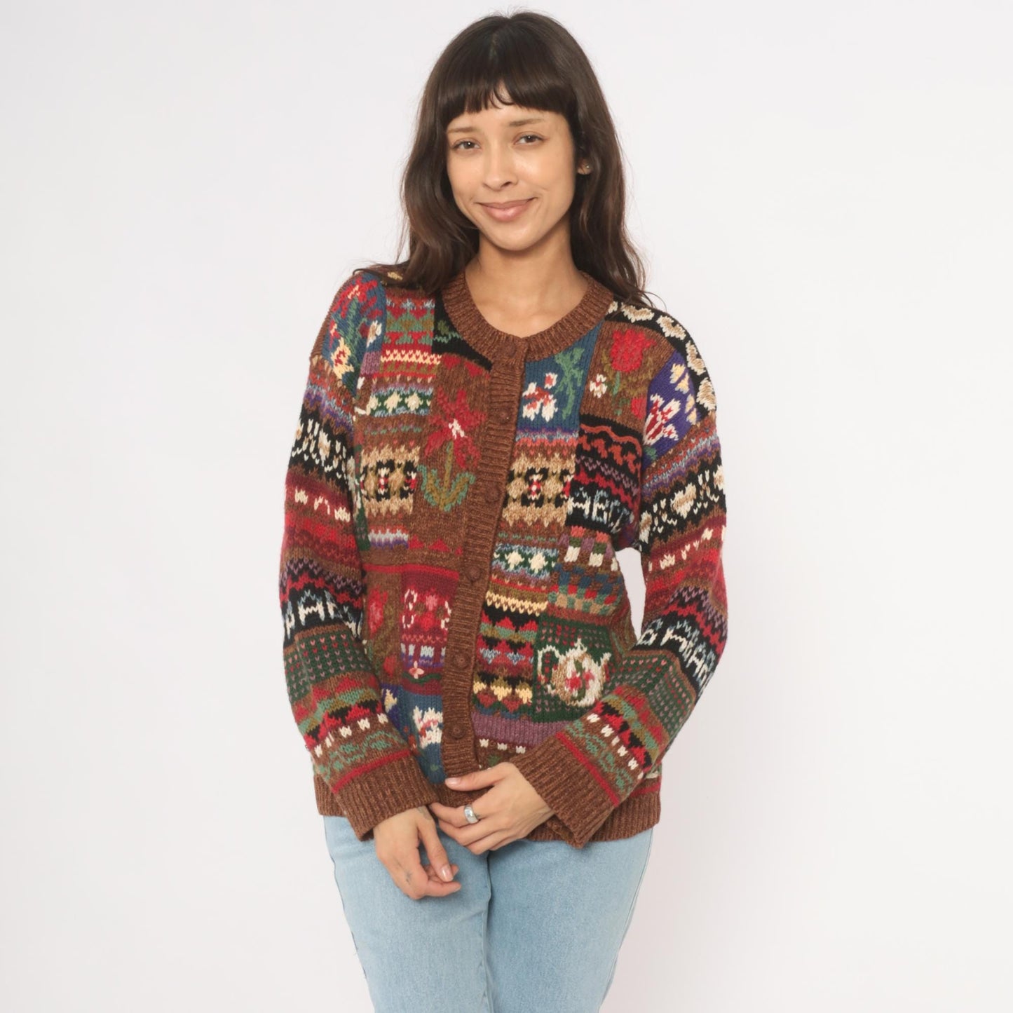 90s Tiara International Patchwork Cardigan Floral Fair Isle Knit Brown Small