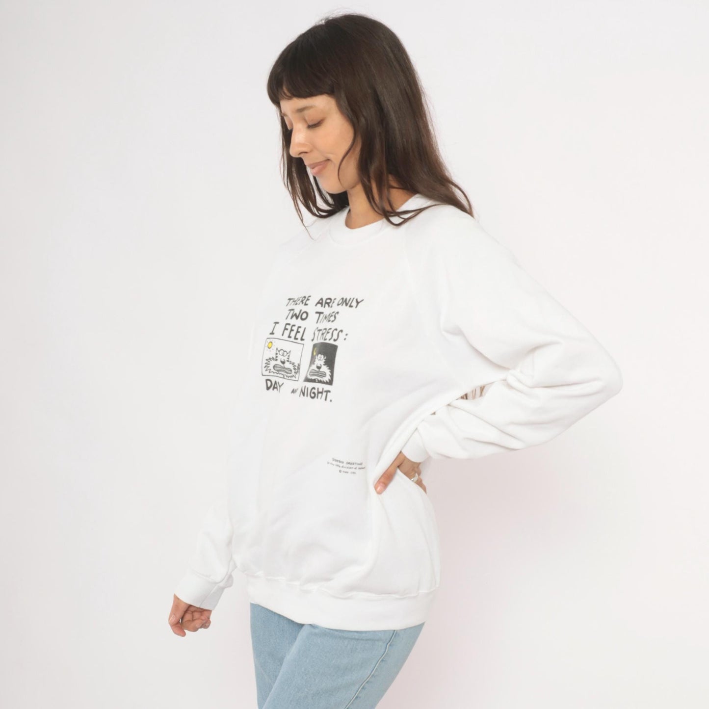 90s Shoebox Greetings Stress Day And Night Cat Sweatshirt White Raglan Extra Large