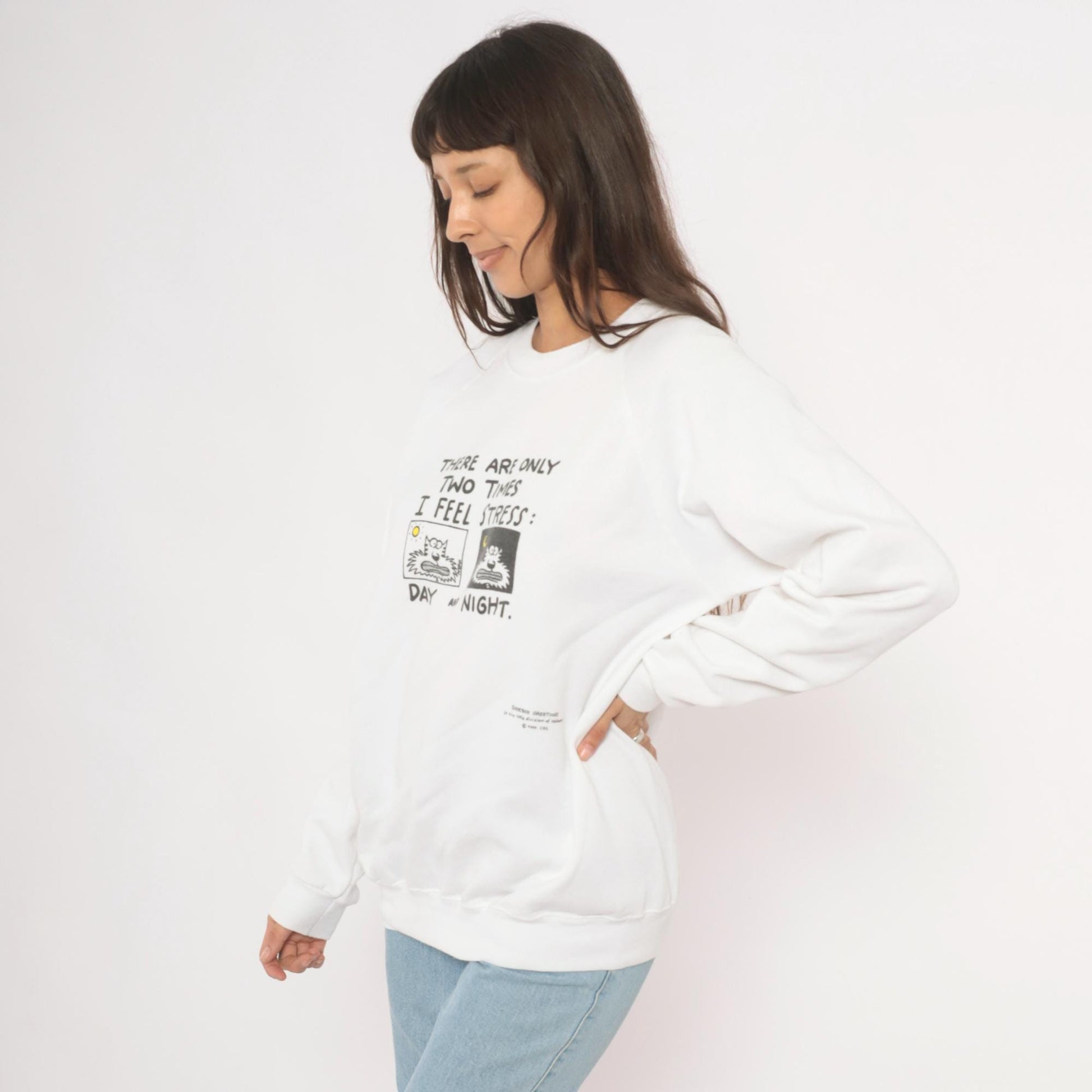 90s Shoebox Greetings Stress Day And Night Cat Sweatshirt White Raglan Extra Large