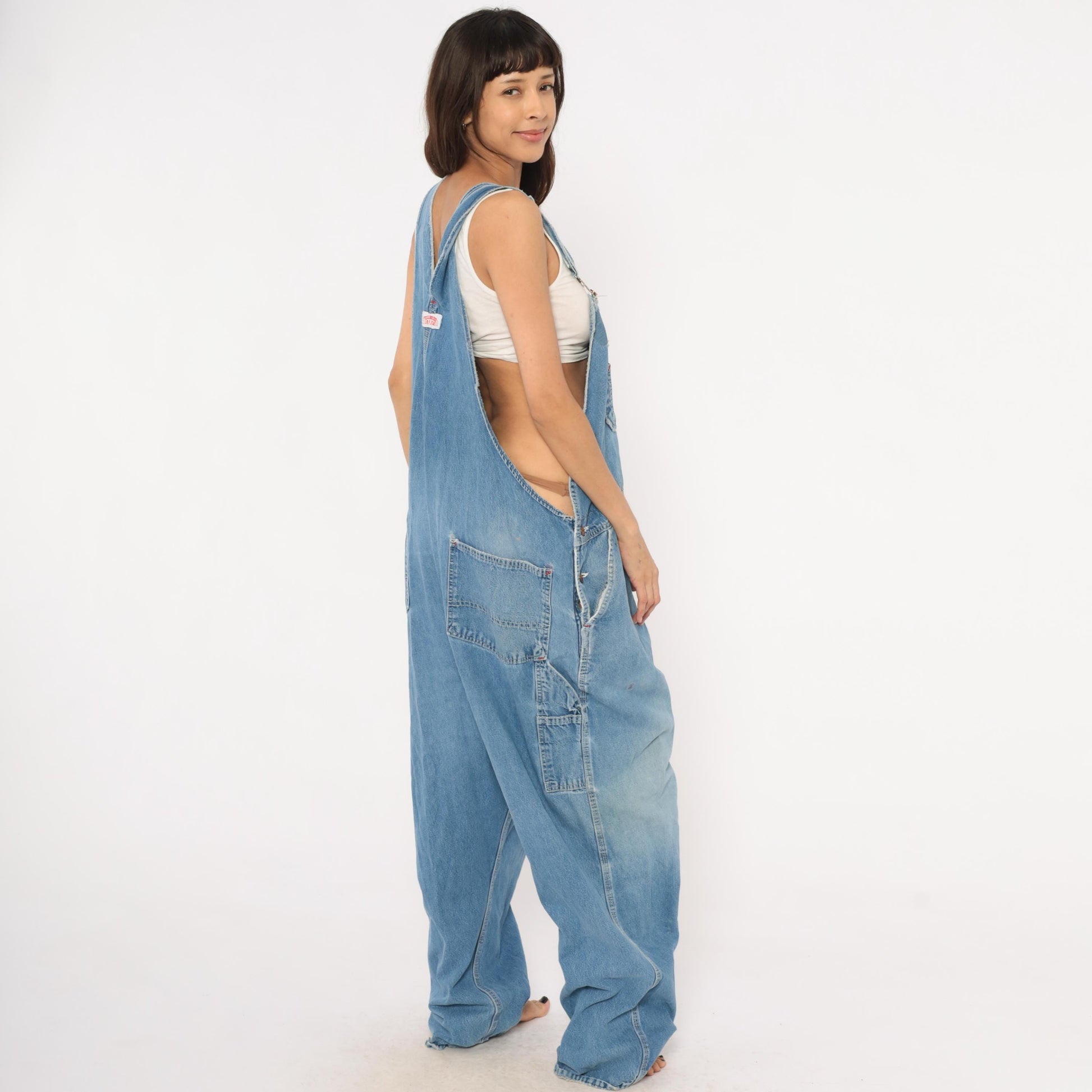 90s Light Wash Denim Bib Overalls Baggy Carpenter Distressed Plus Size XXL
