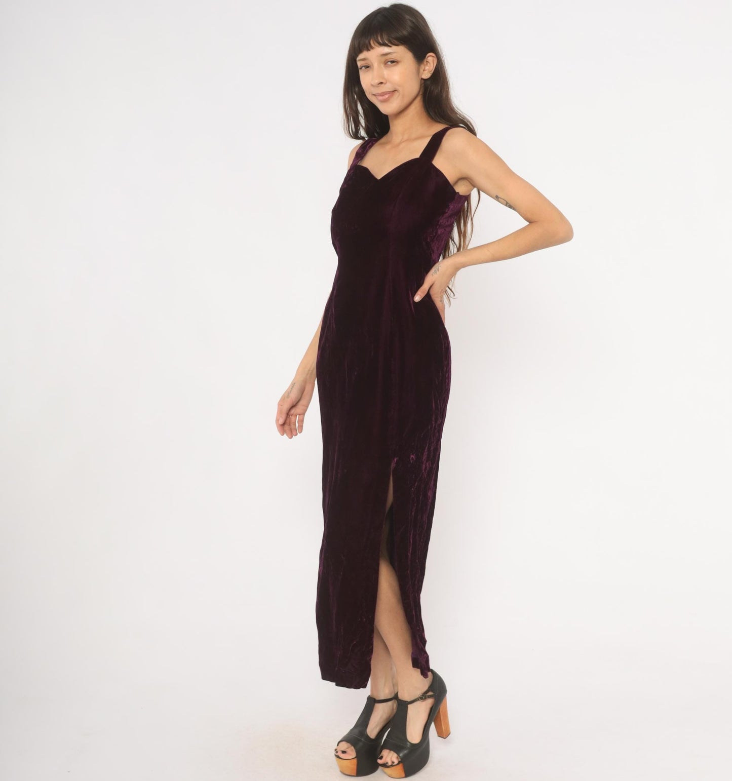 70s Plum Velvet Maxi Dress Sweetheart Neckline Side Slit Medium M