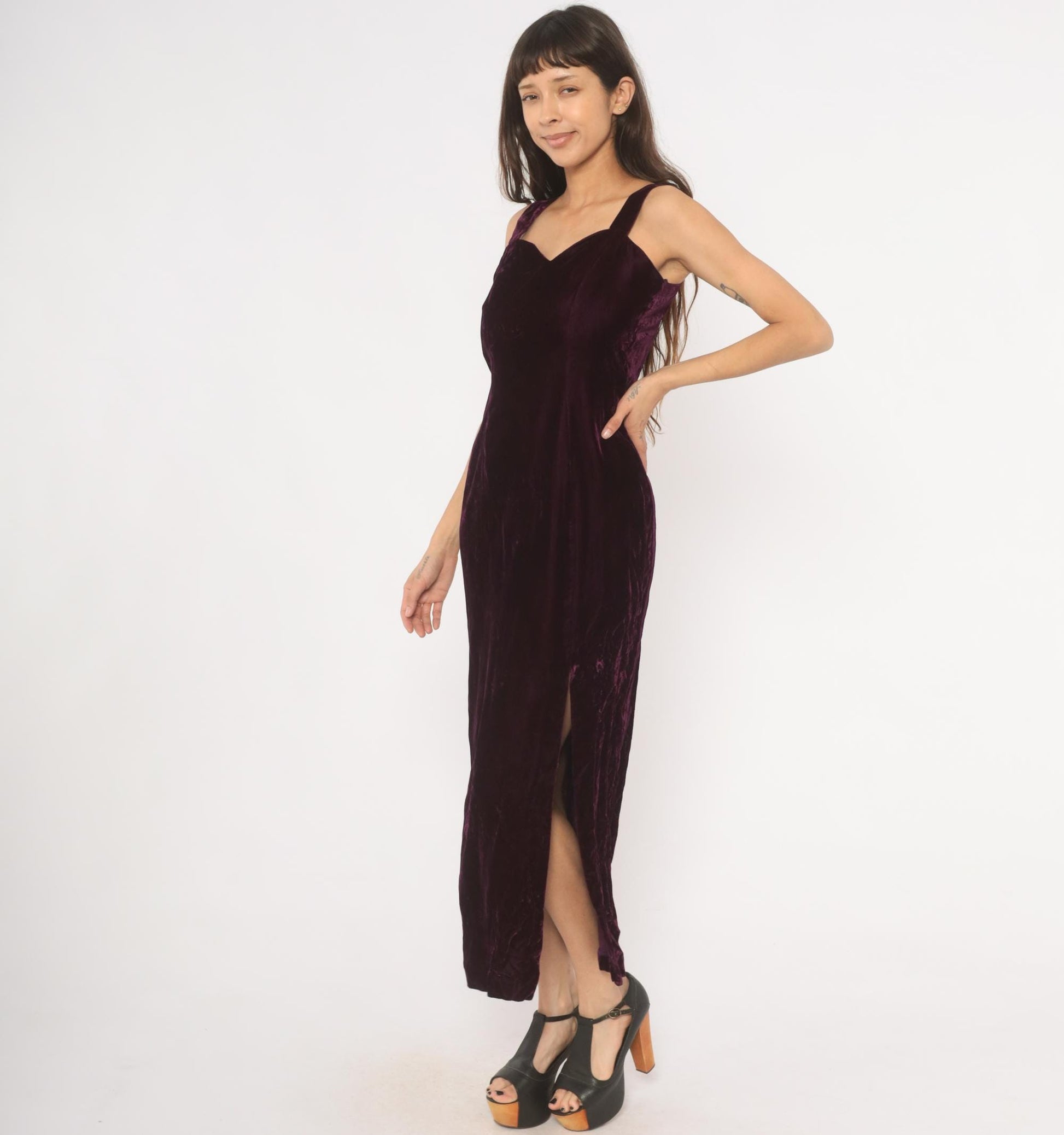 70s Plum Velvet Maxi Dress Sweetheart Neckline Side Slit Medium M