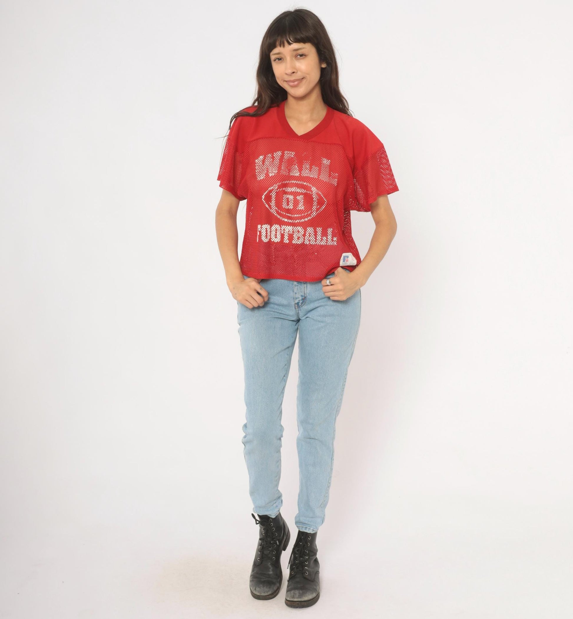 90s Russell Athletic Mesh Football Jersey Red Graphic Crop Medium