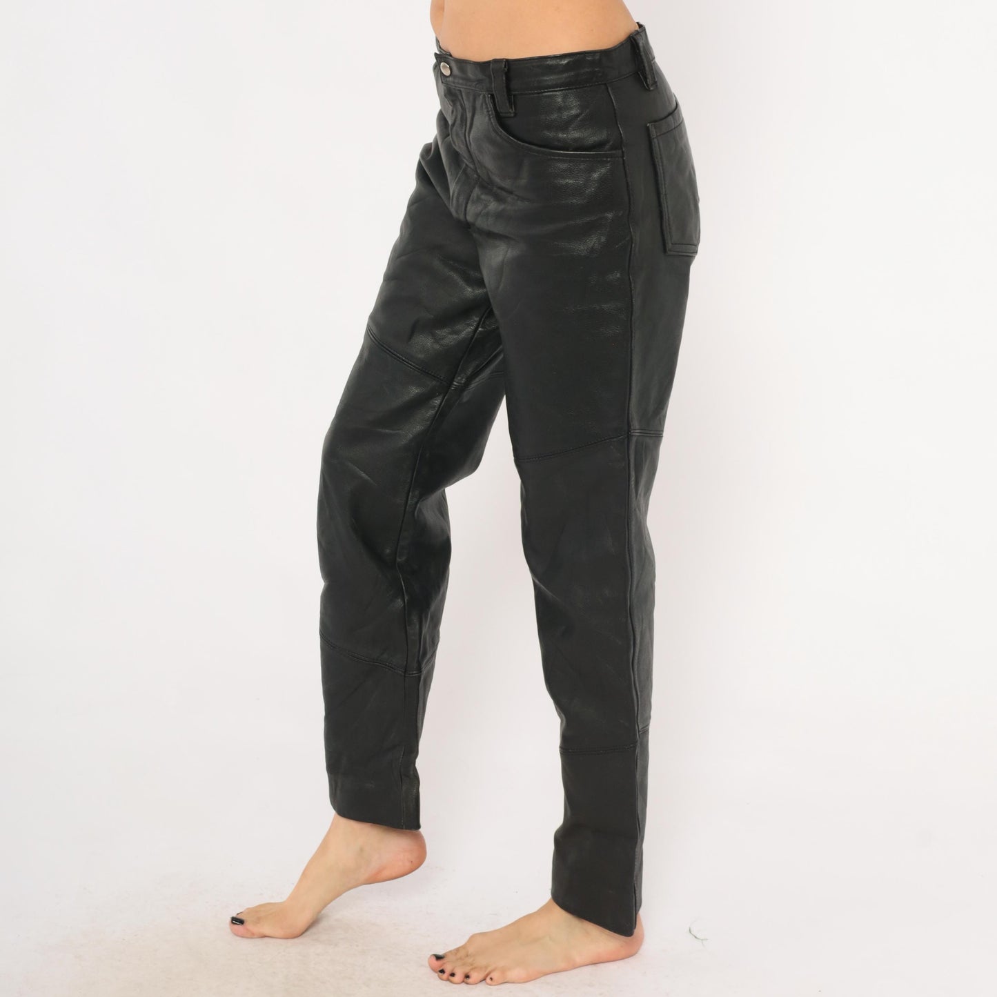90s Berman's Black Leather Pants Straight Leg Moto Paneled Medium M
