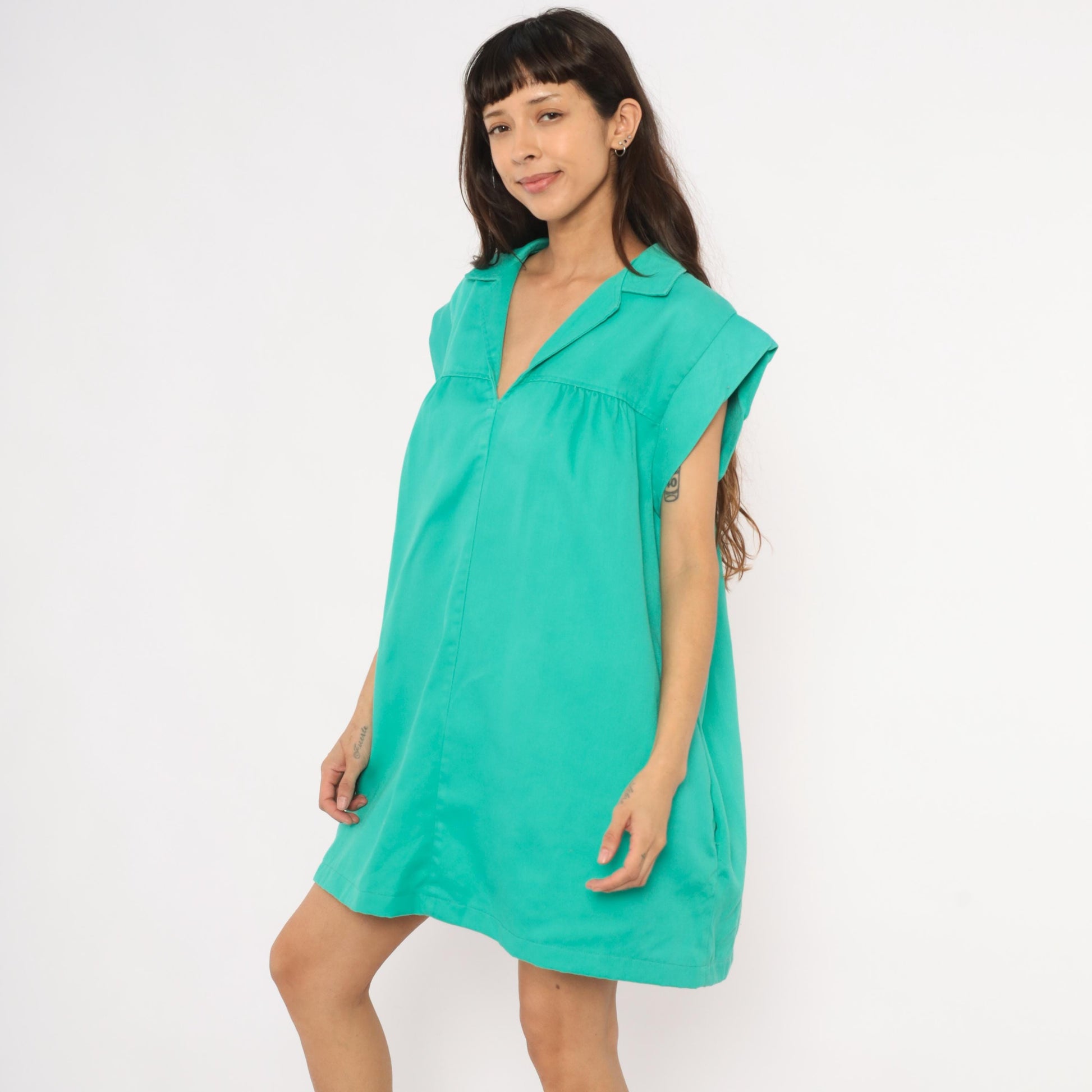 70s Truly Yours Teal Shift Dress Cap Sleeve Mini Cotton Aqua Large XL