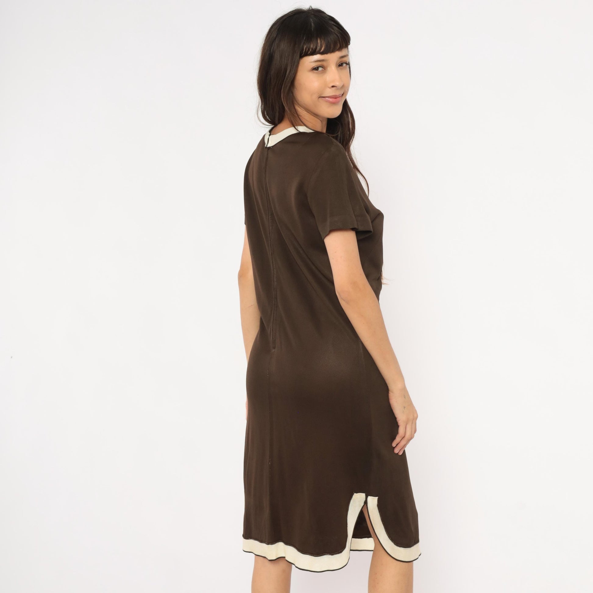 60s Mod Shift Dress Brown Cream Striped V Panel Short Sleeve Large L