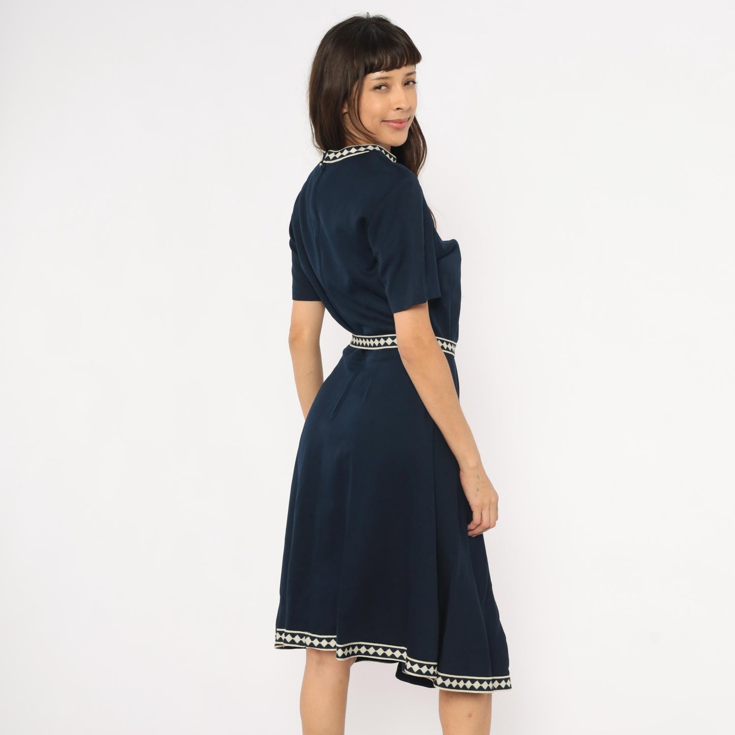60s Marta D Navy A-Line Dress Cream Diamond Trim Belted Midi Large L