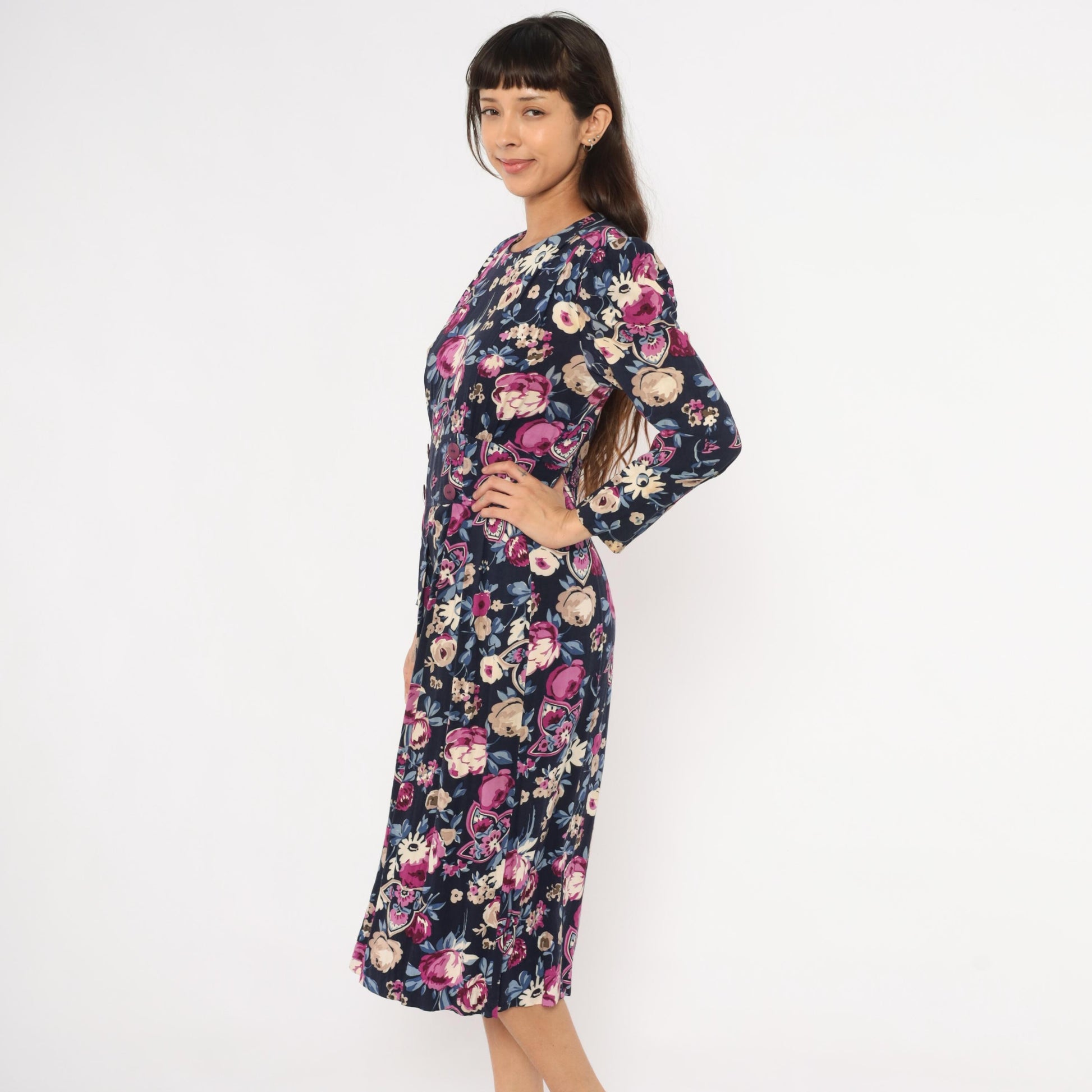 80s Karin Stevens Floral Midi Dress Navy Puff Sleeve Pleated Medium M