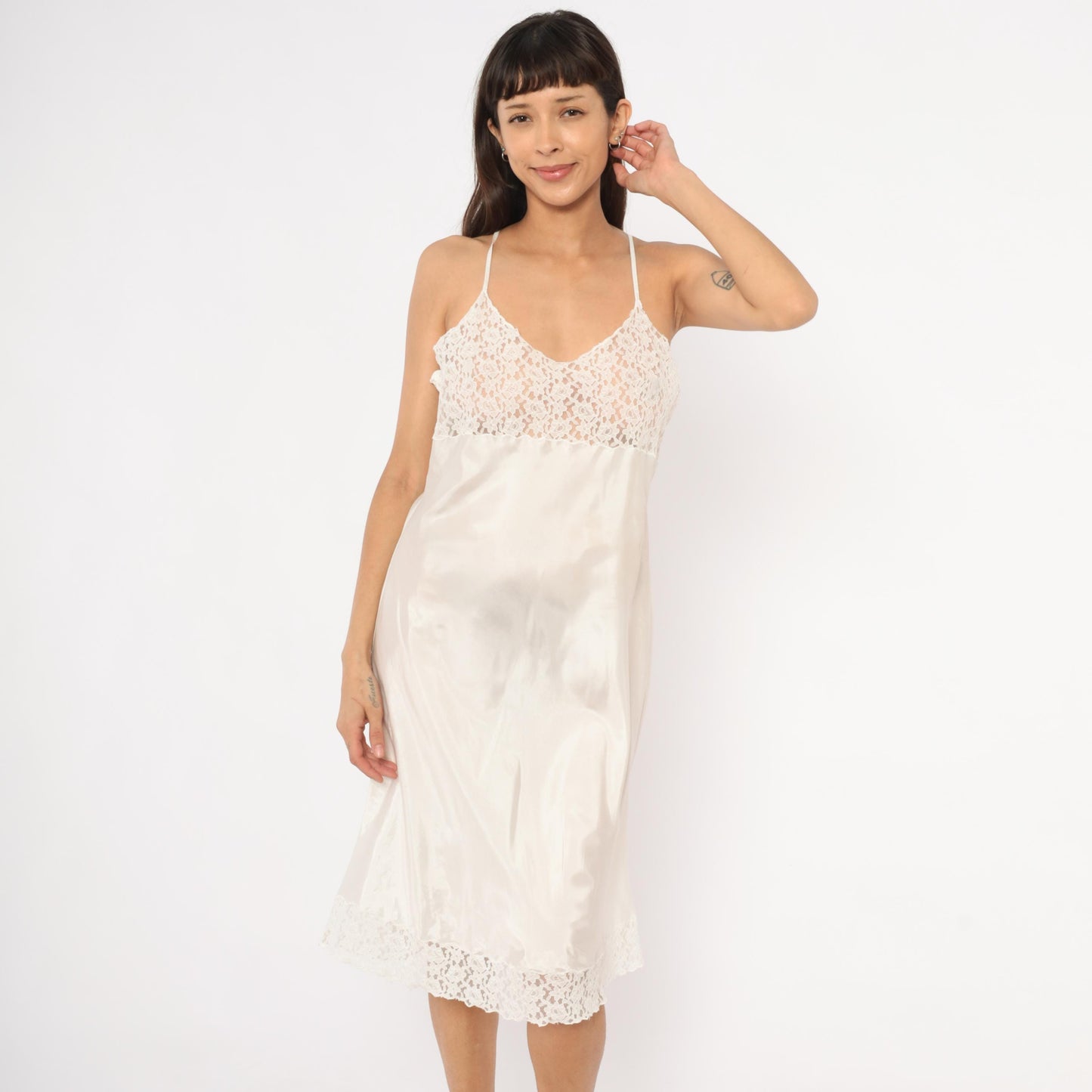 2000s April Cornell White Satin Slip Dress Floral Lace Bodice Knee Length Large L