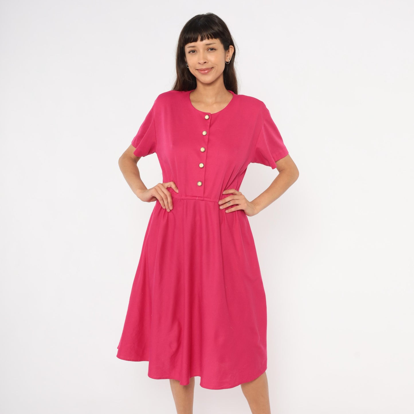 80s Fuchsia Button-Front Midi Dress Gold Buttons Gathered Waist Small